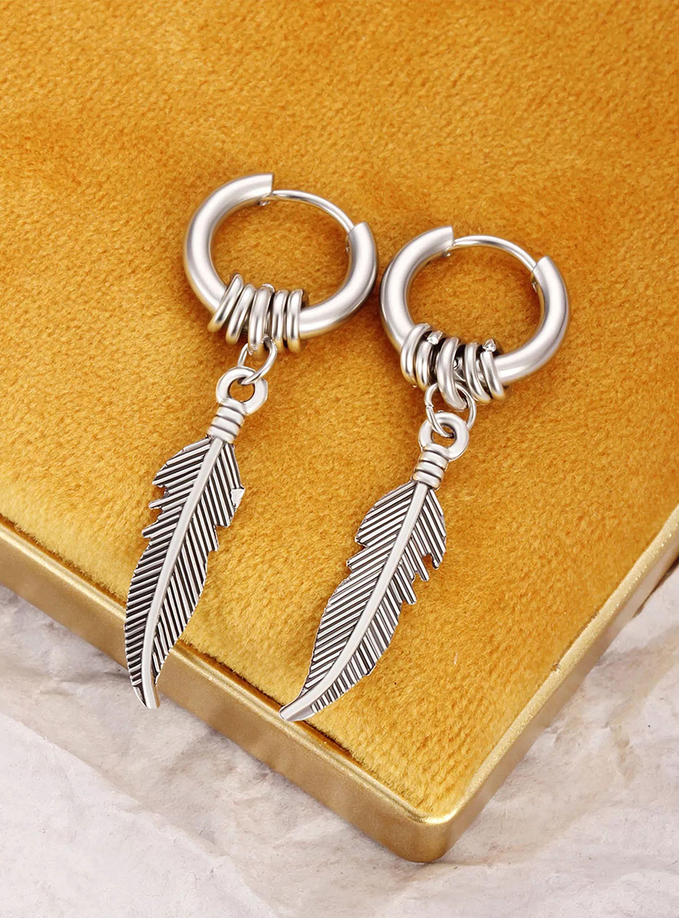 Aros Argolla Plateados con Dije Pluma Colgantes-4