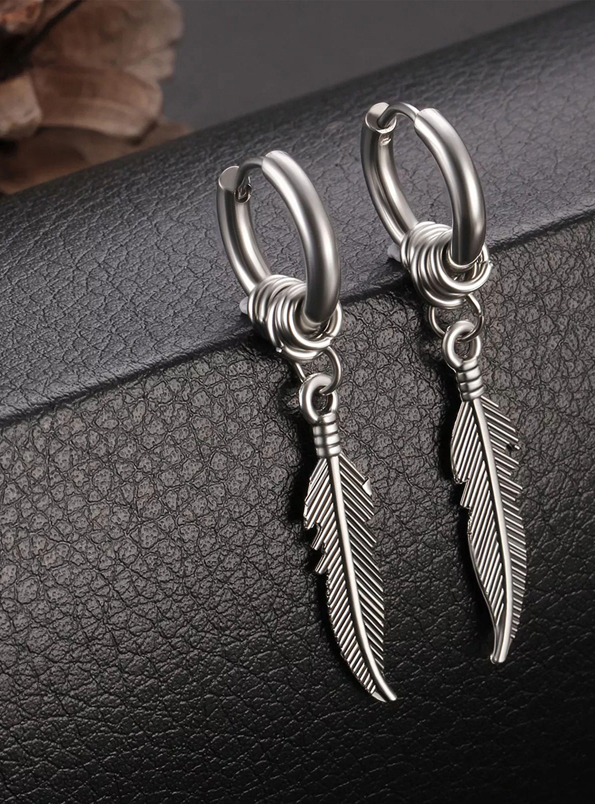 Aros Argolla Plateados con Dije Pluma Colgantes-5