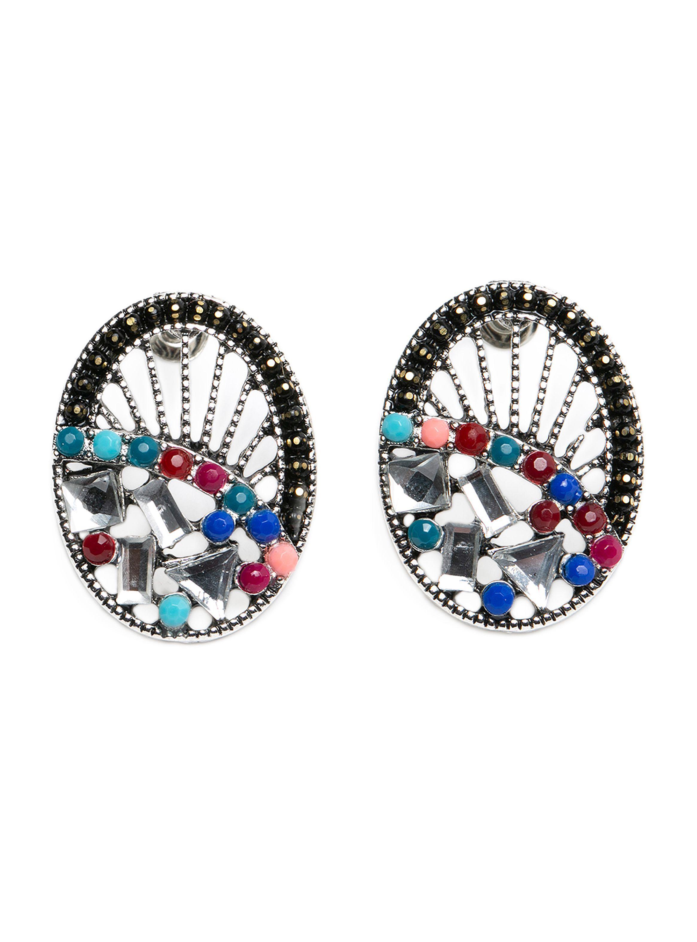 Pendientes Ovalados Negros Piedras Multicolor Mujer-0