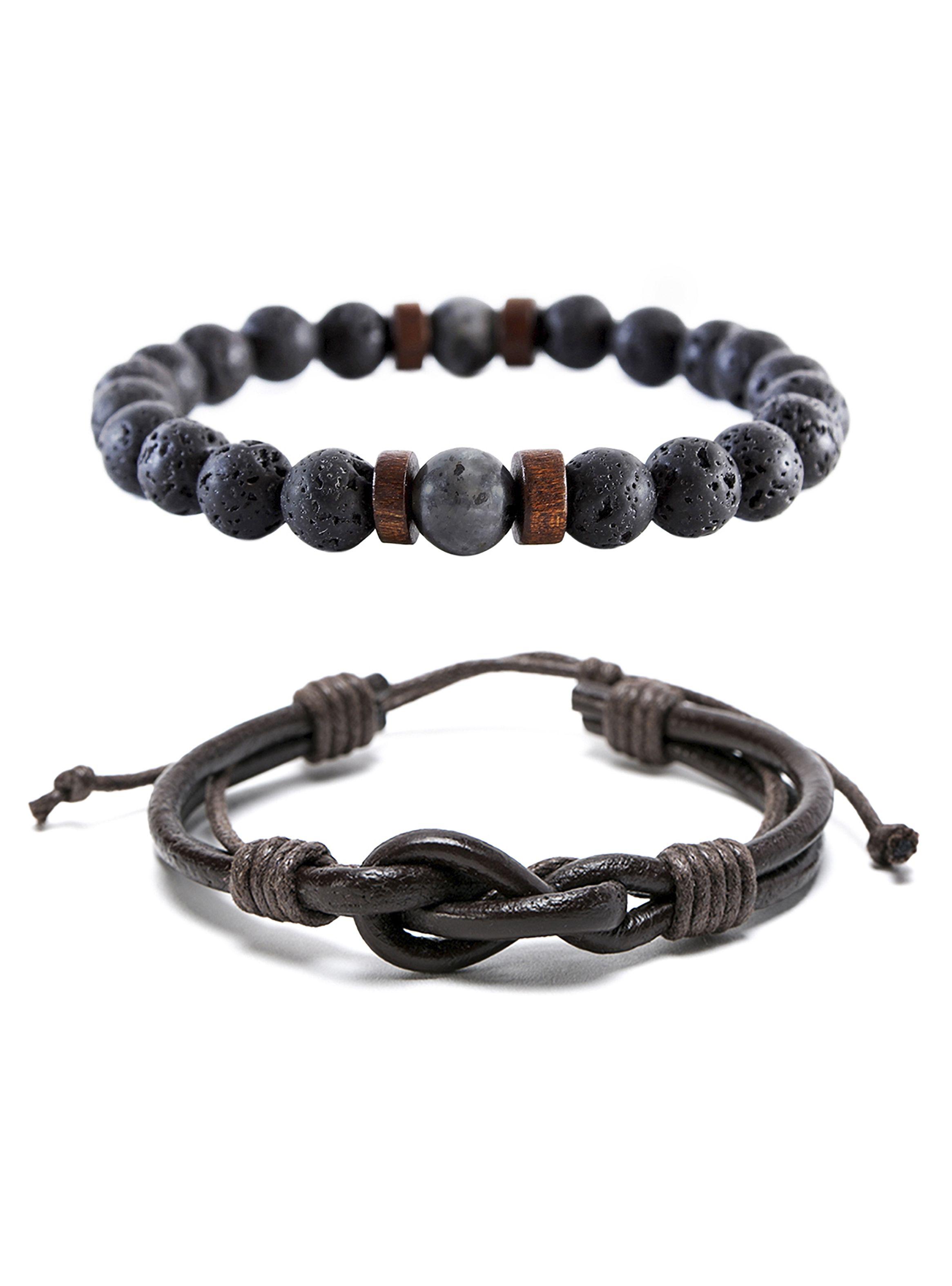 Pack Pulsera de cuero marrón con nudo y pulsera piedra volcánica larvikita-0