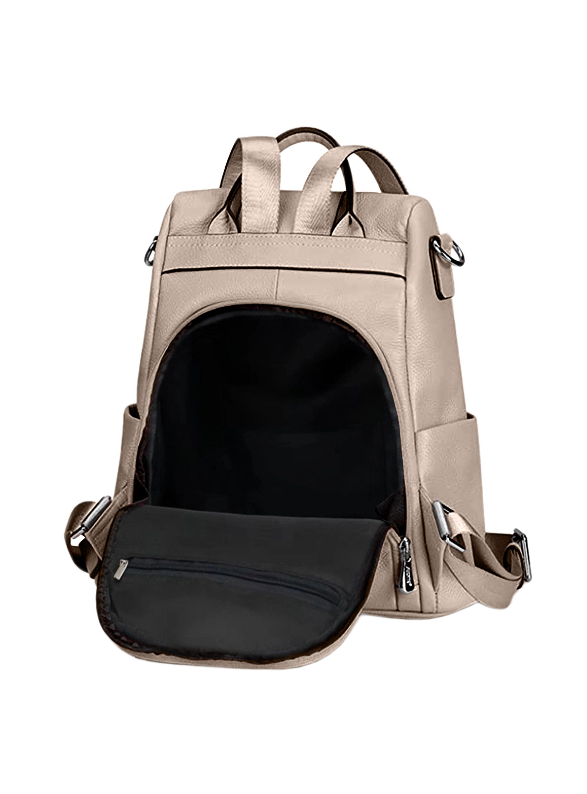 Mochila Cartera Mujer Antirrobo Cuero Caqui-2