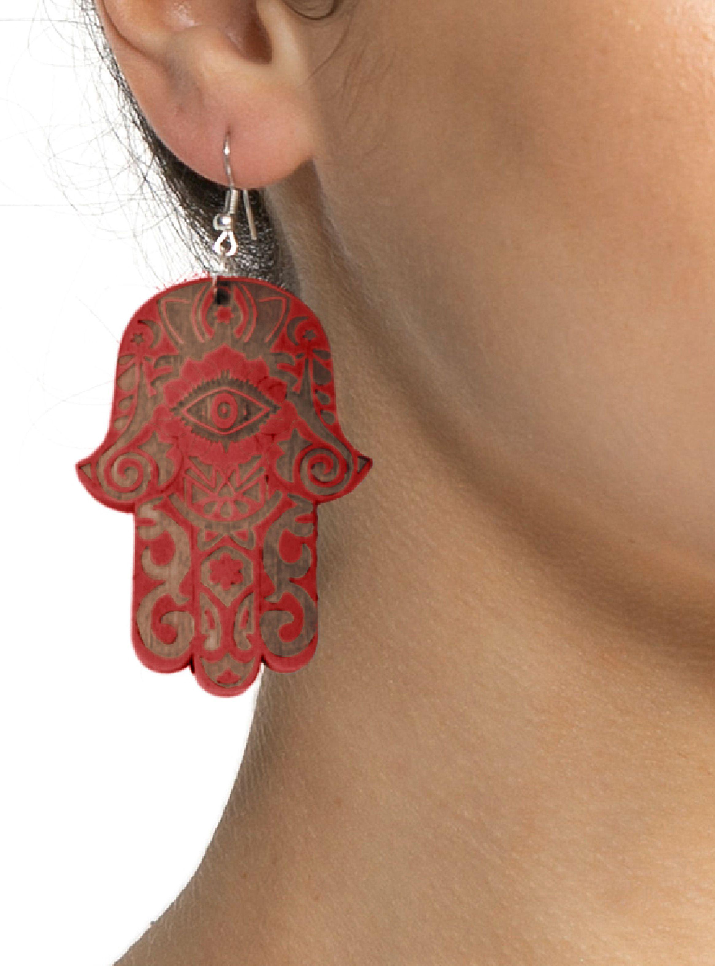 Aros Mujer Largos Mano Hamsa Jamsa Madera Rojo-2