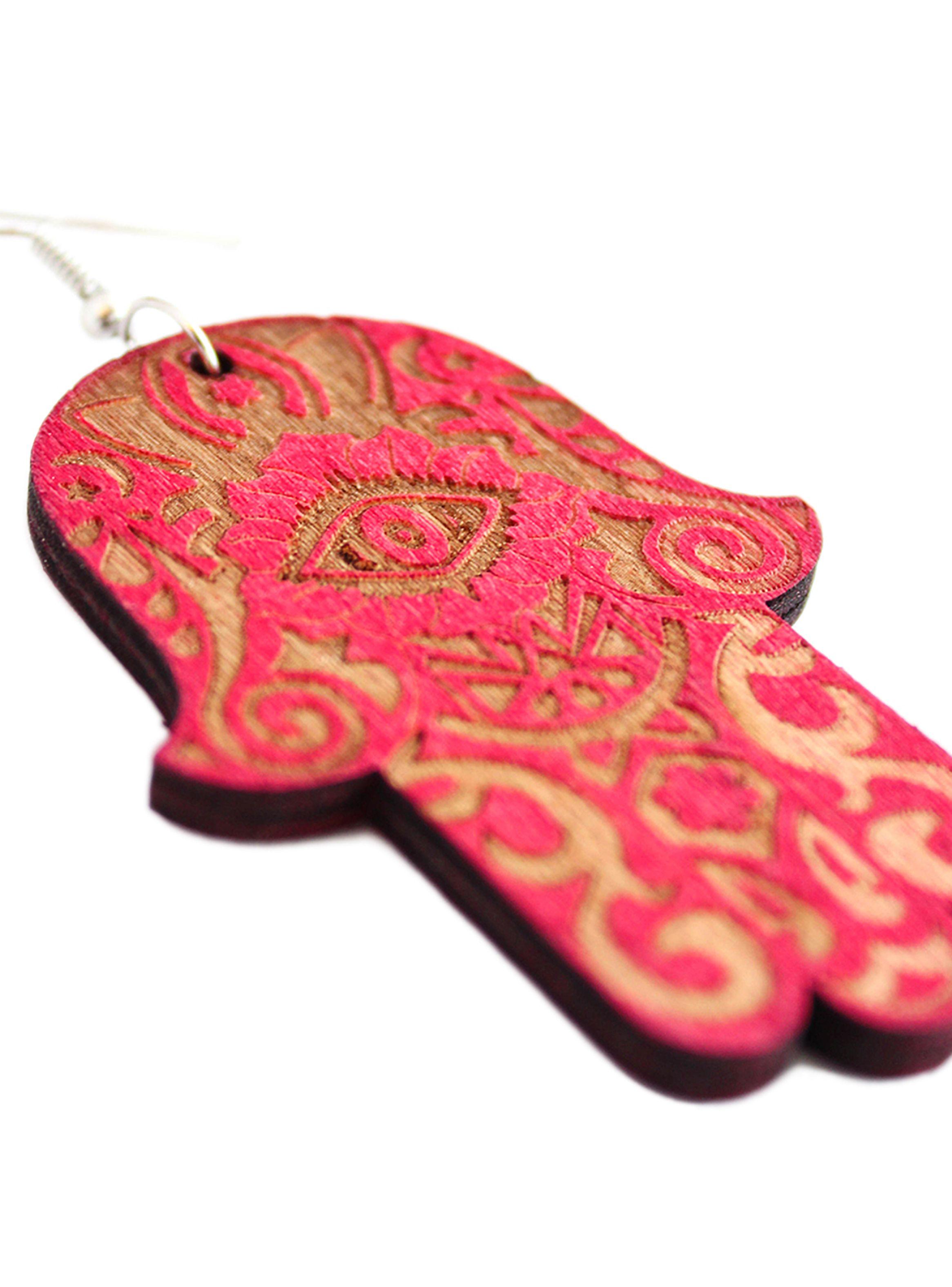 Aros Mujer Largos Mano Hamsa Jamsa Madera Rojo-3