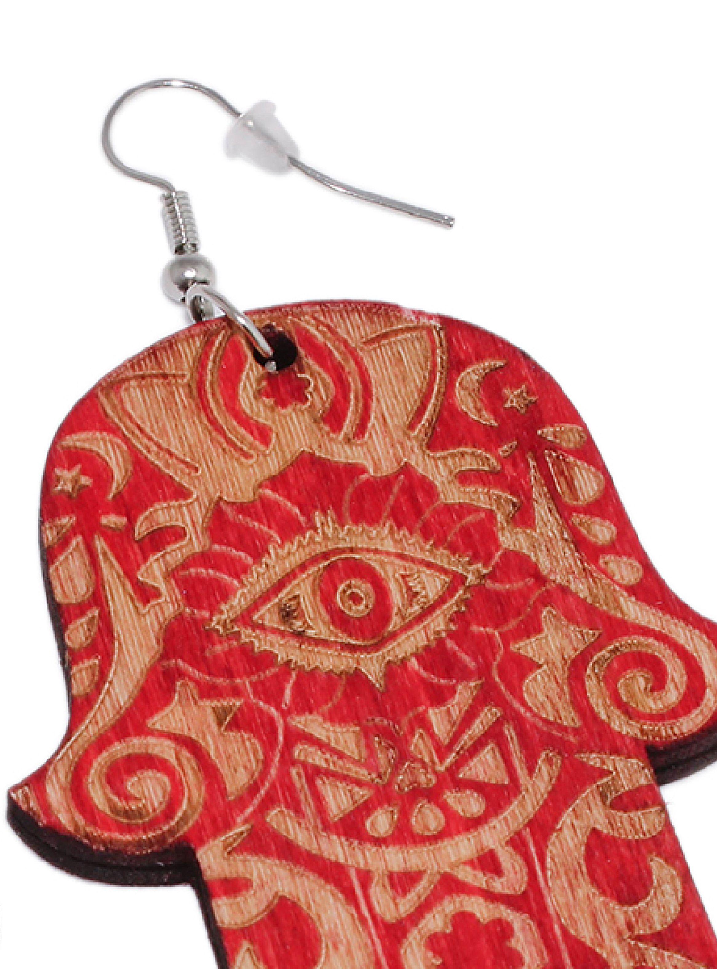 Aros Mujer Largos Mano Hamsa Jamsa Madera Rojo-4
