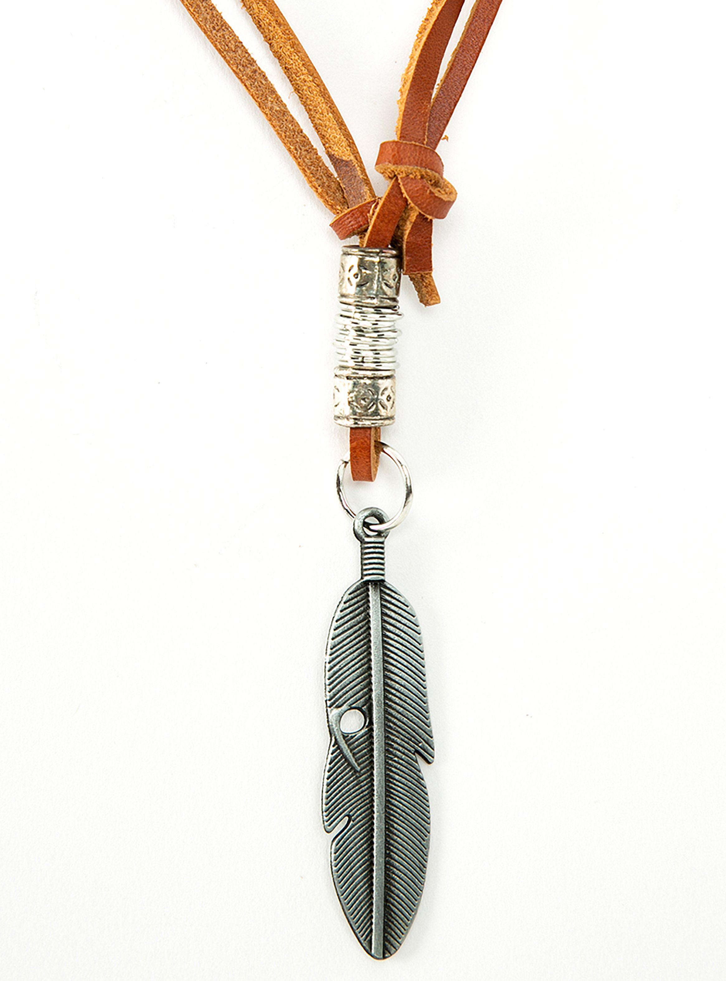 Collar Colgante Cuero Detalle Pluma Plata-1