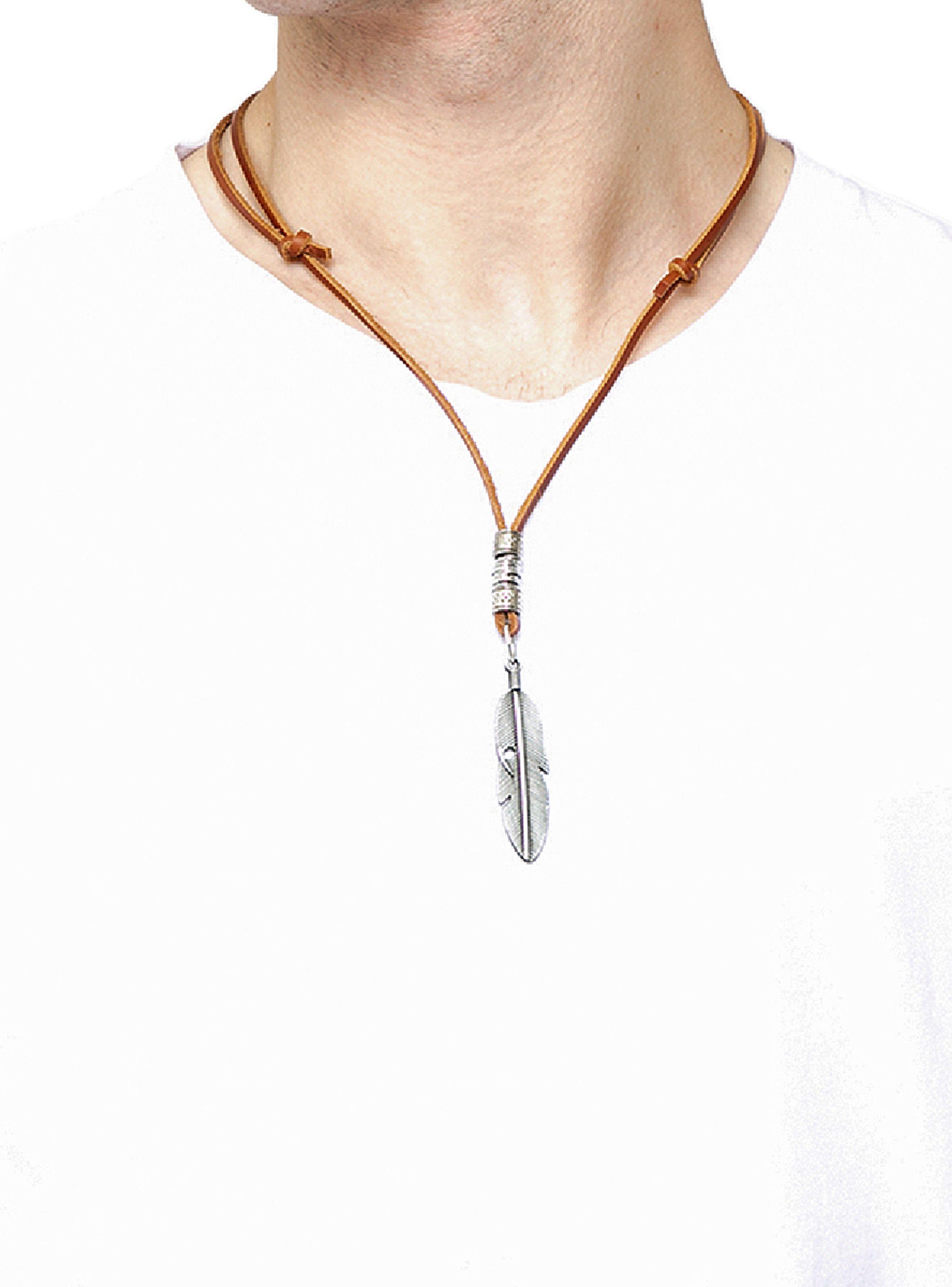 Collar Colgante Cuero Detalle Pluma Plata-2