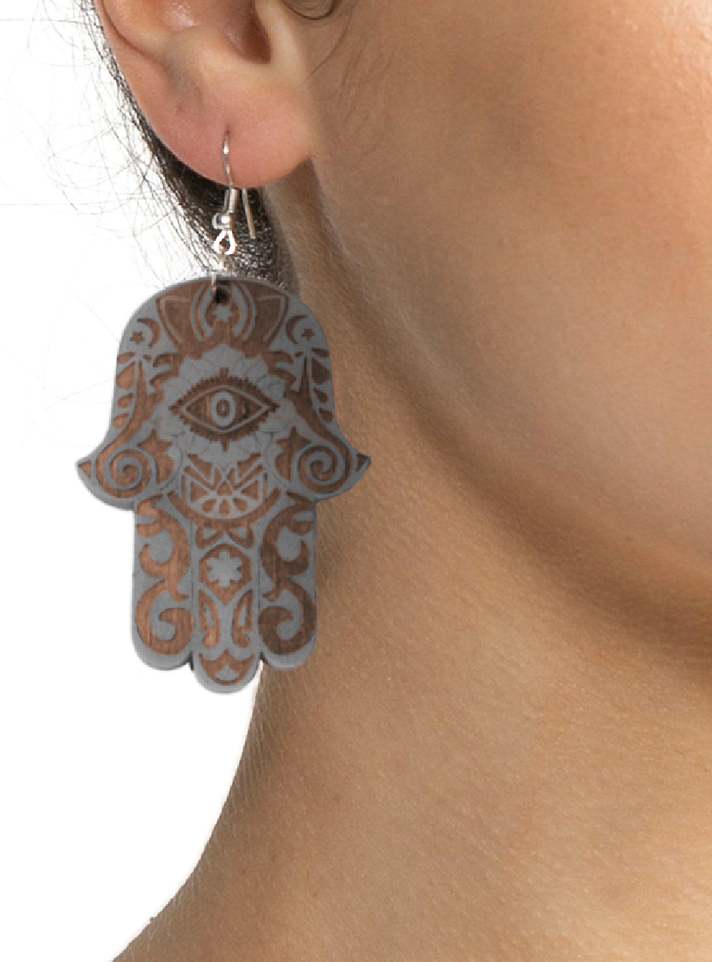 Aros Mujer Largos Mano Hamsa Jamsa Madera Gris-2