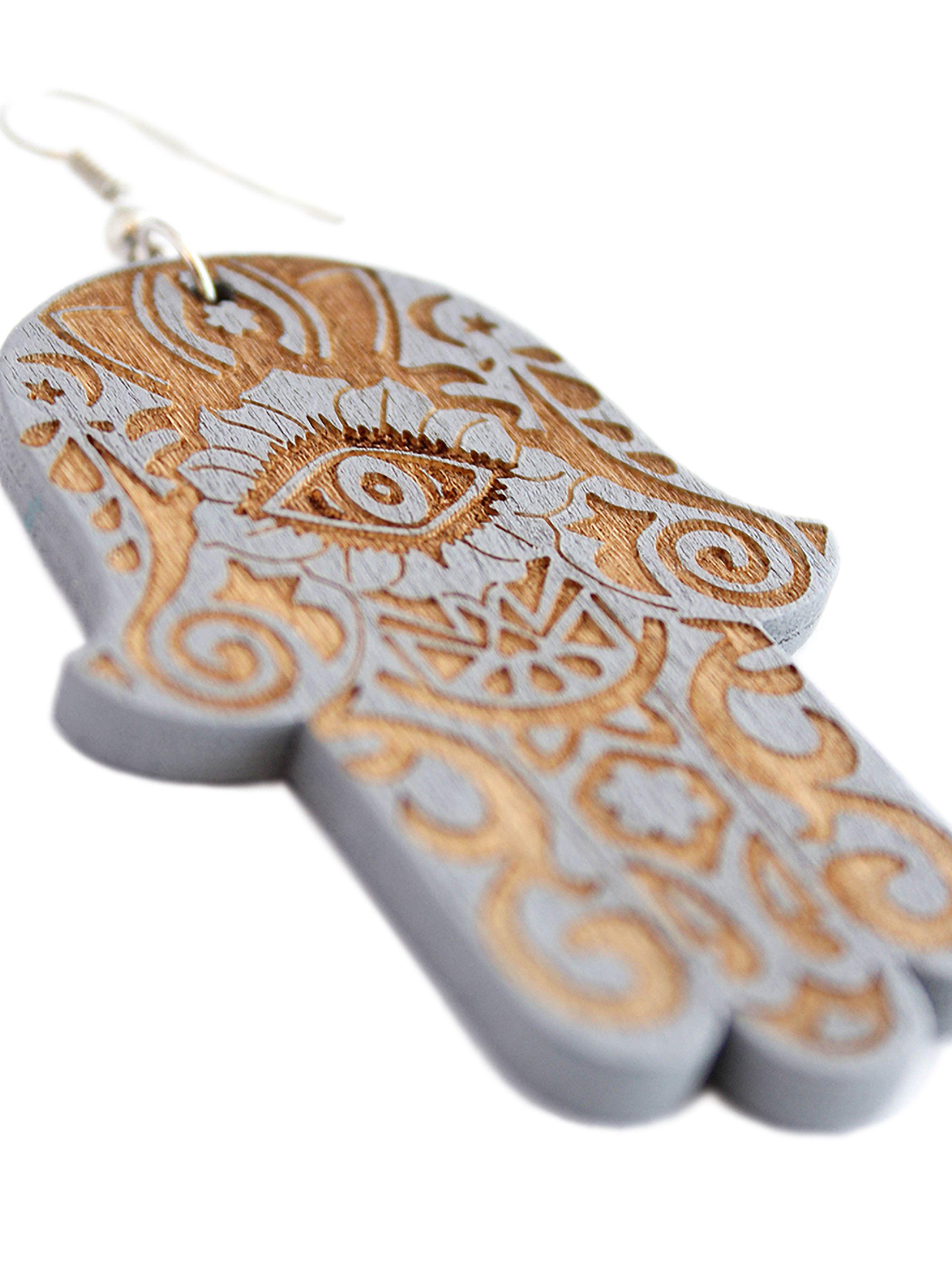 Aros Mujer Largos Mano Hamsa Jamsa Madera Gris-3