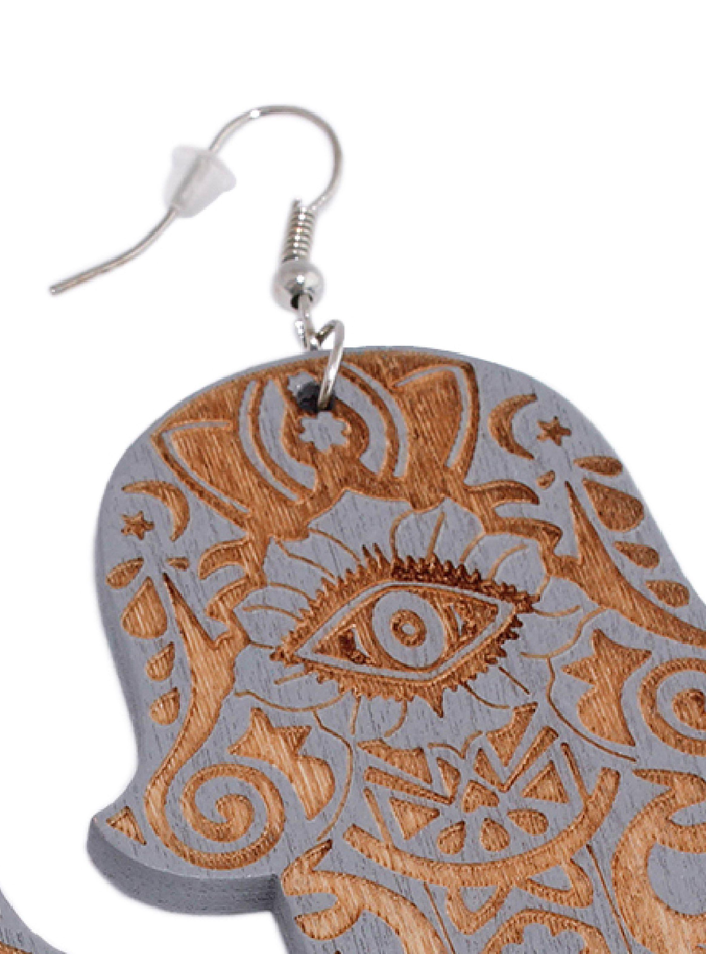 Aros Mujer Largos Mano Hamsa Jamsa Madera Gris-4
