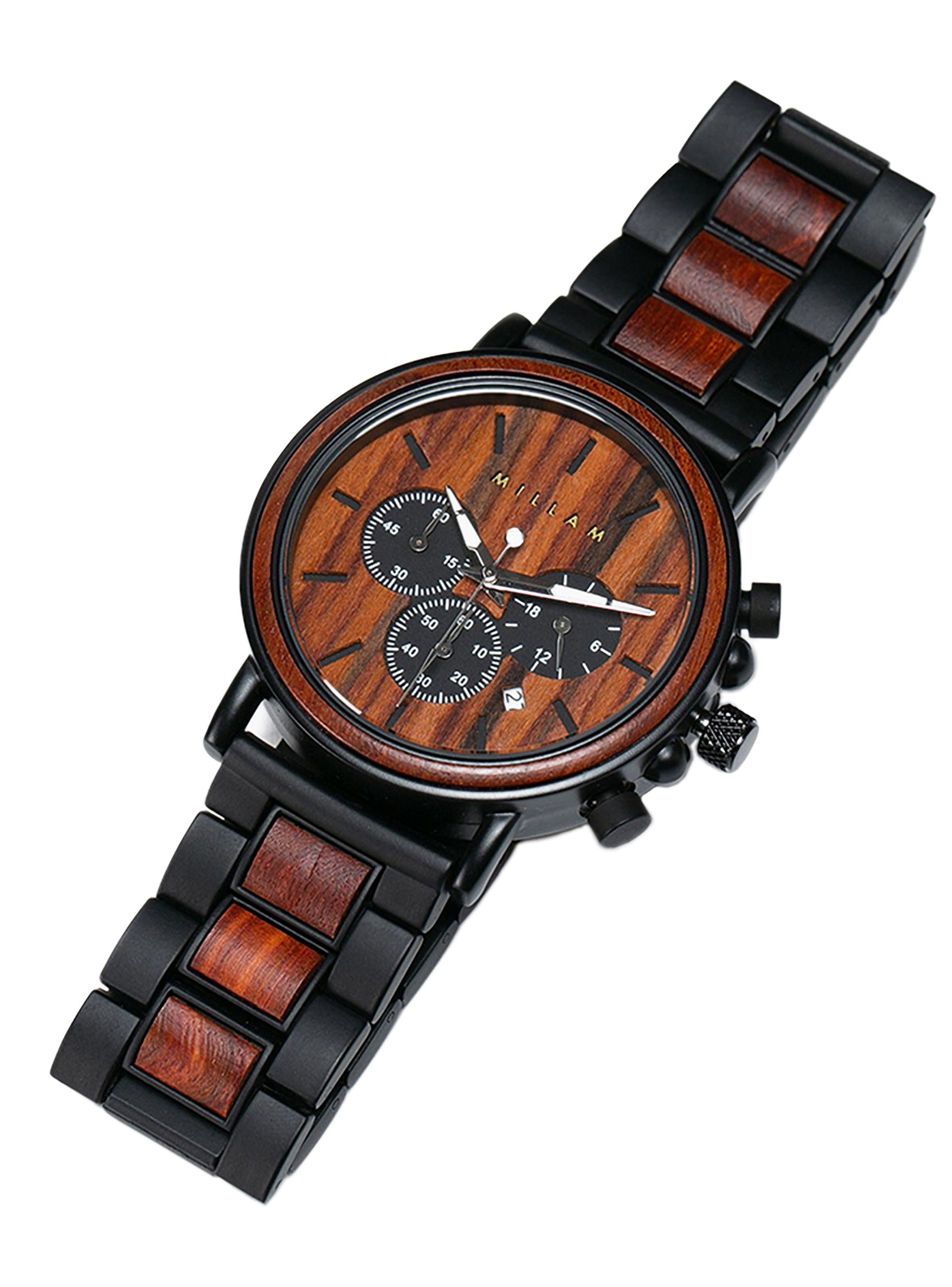 Reloj Cronógrafo Metal Negro Madera Rojiza Hombre-0