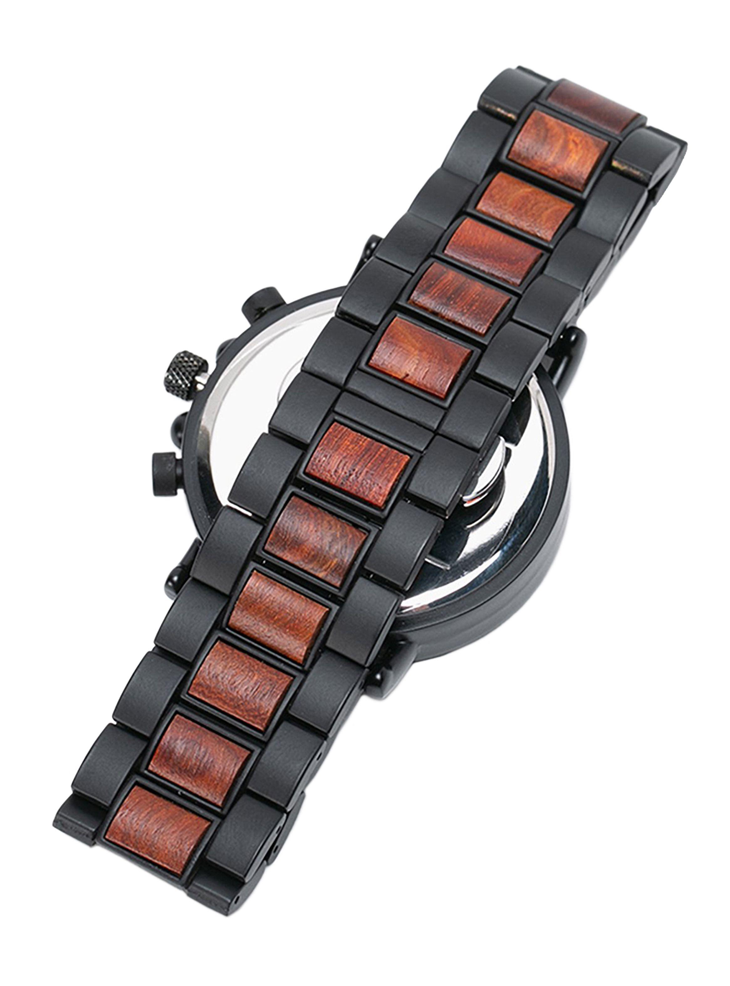 Reloj Cronógrafo Metal Negro Madera Rojiza Hombre-1