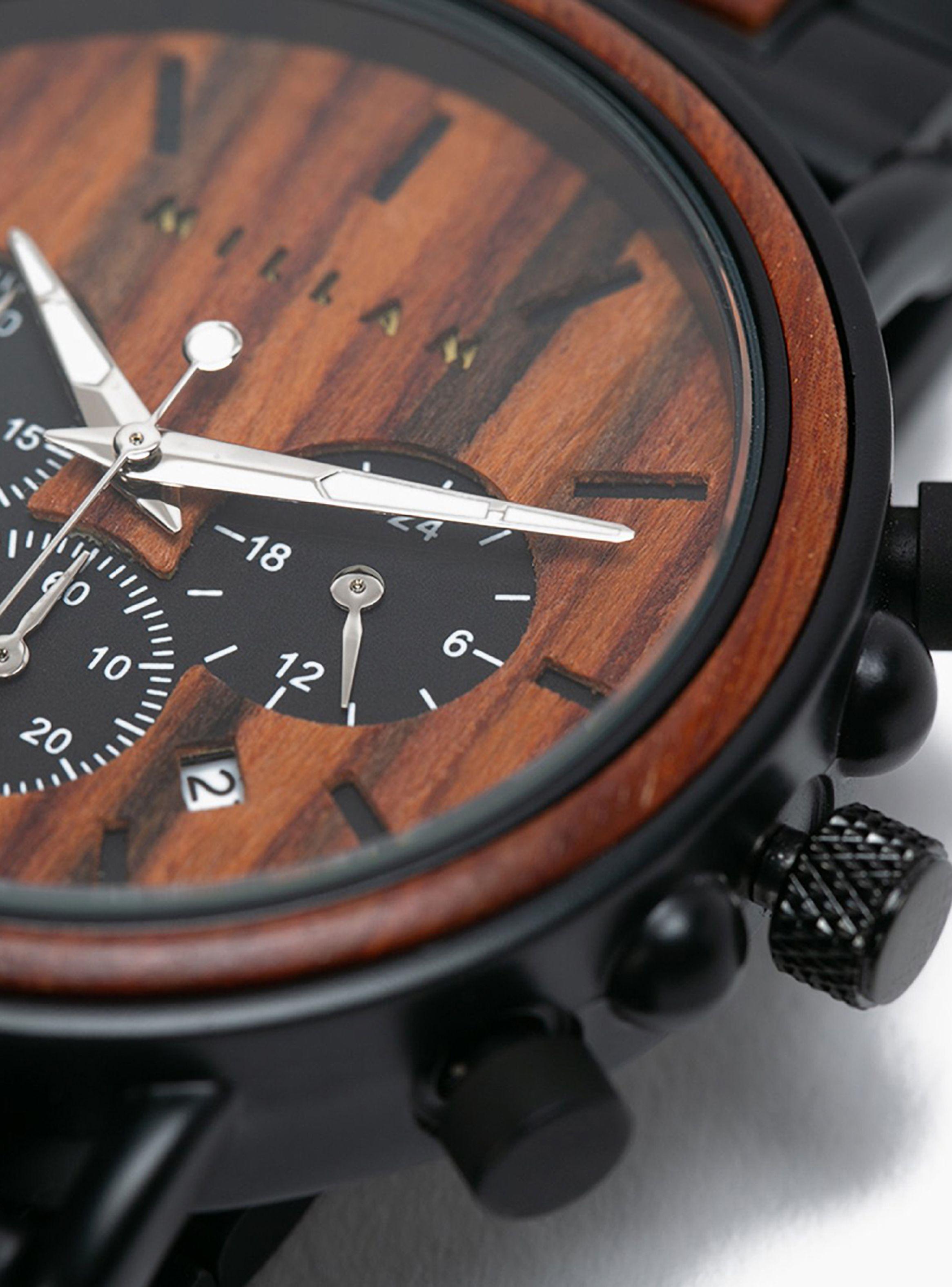 Reloj Cronógrafo Metal Negro Madera Rojiza Hombre-2