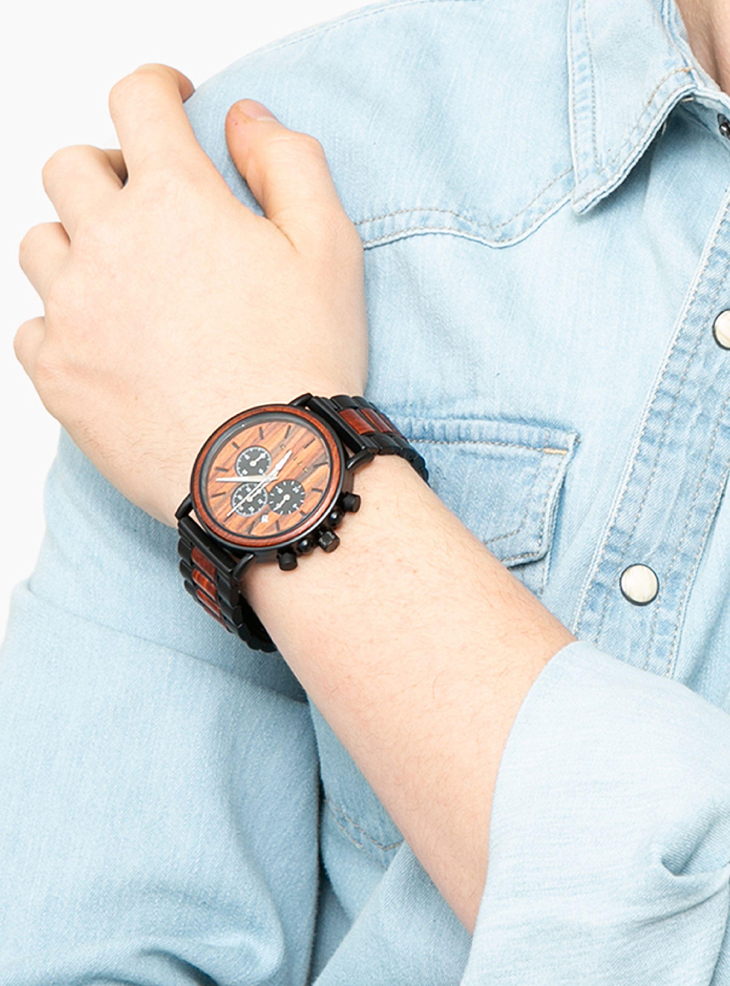 Reloj Cronógrafo Metal Negro Madera Rojiza Hombre-4