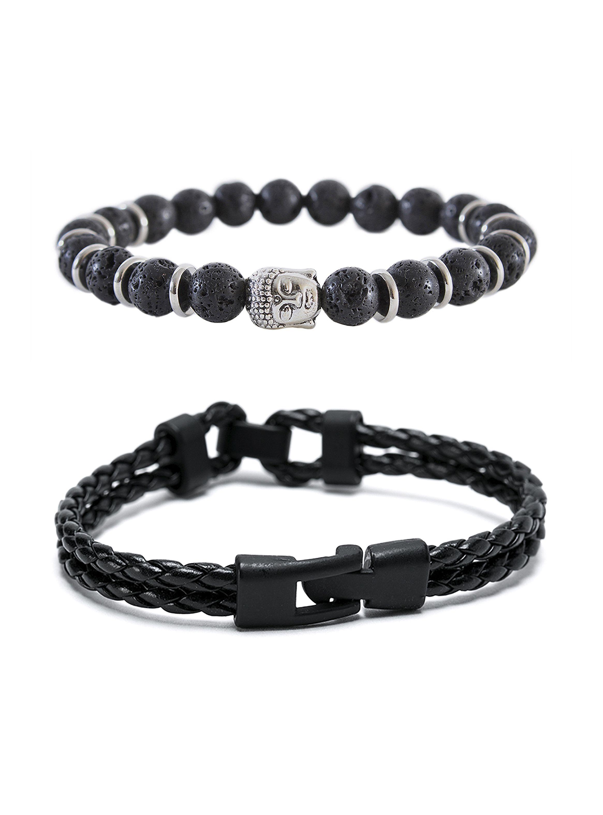 Pack pulsera de cuero negro trenzado y pulsera piedra volcánica Buda-0
