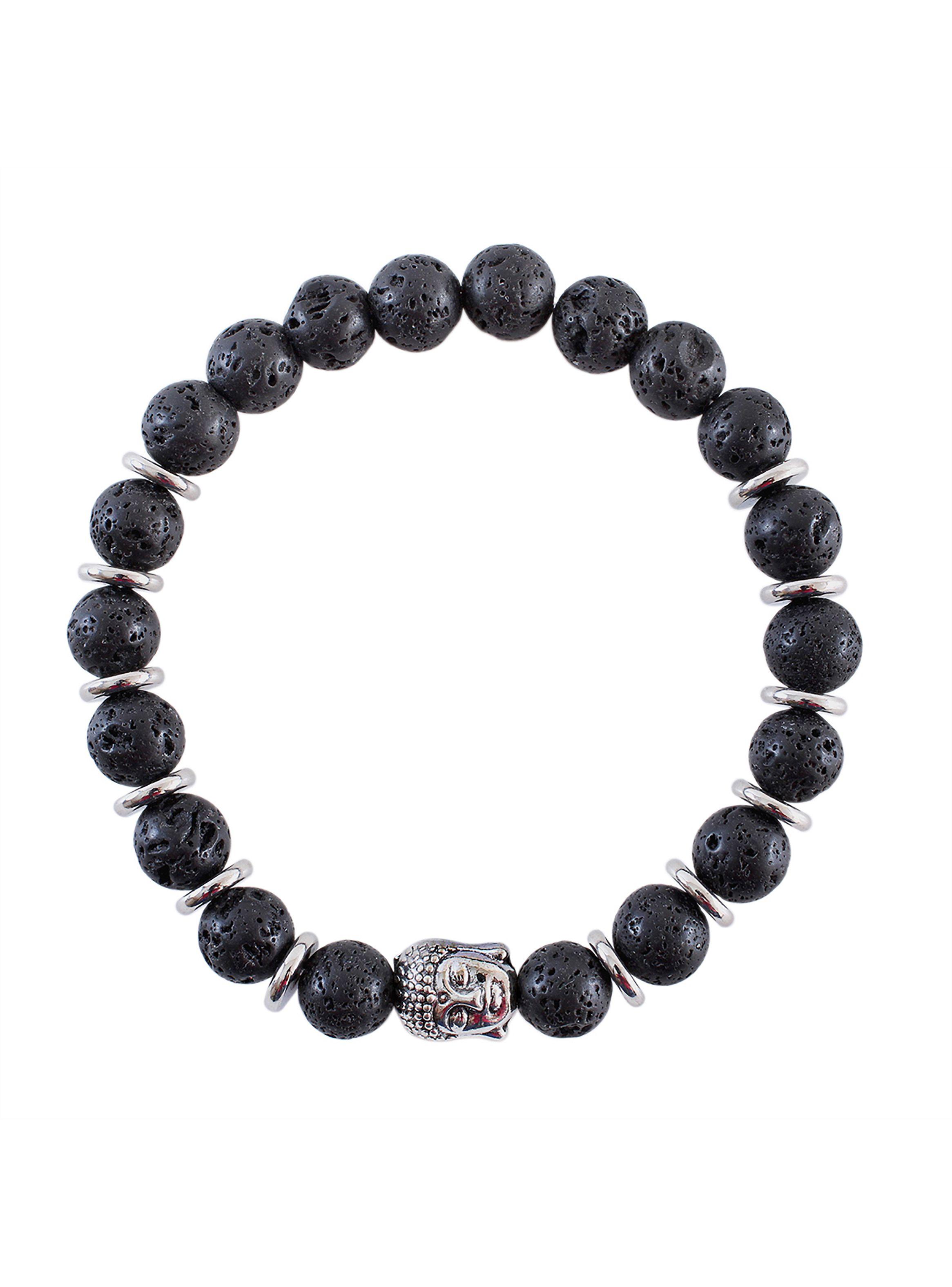 Pack pulsera de cuero negro trenzado y pulsera piedra volcánica Buda-4