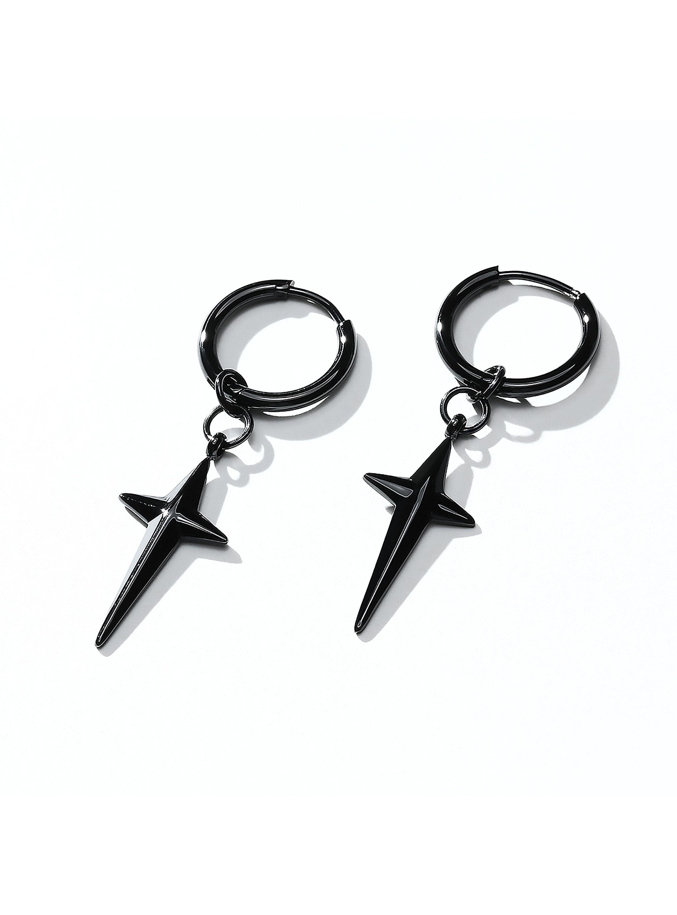 Aros Acero Argollas con Estrella Colgante Negro Par-1