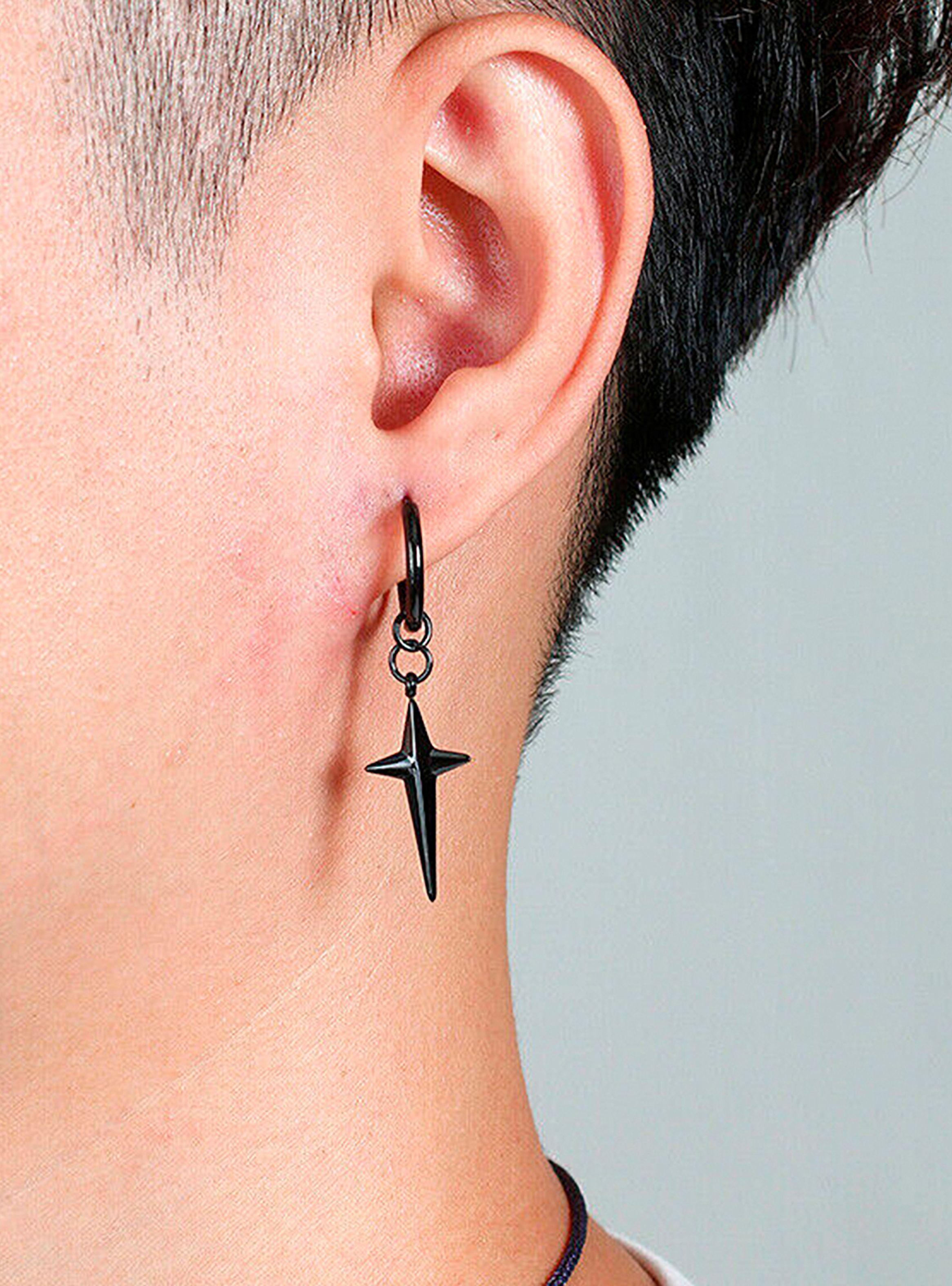 Aros Acero Argollas con Estrella Colgante Negro Par-2