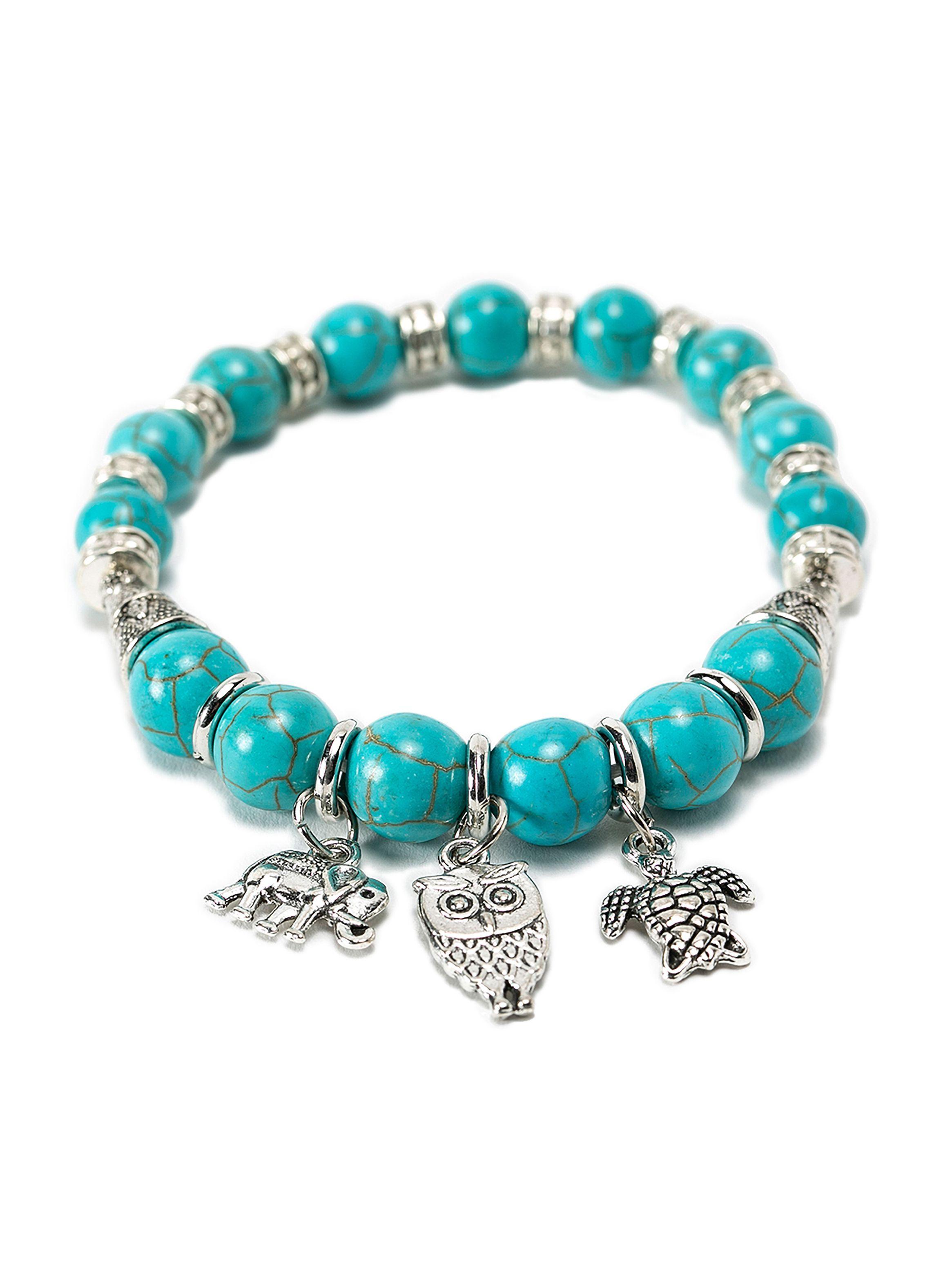 Pulseras Mujer Piedra Tipo Howlita Turquesa con Dijes Animales-0