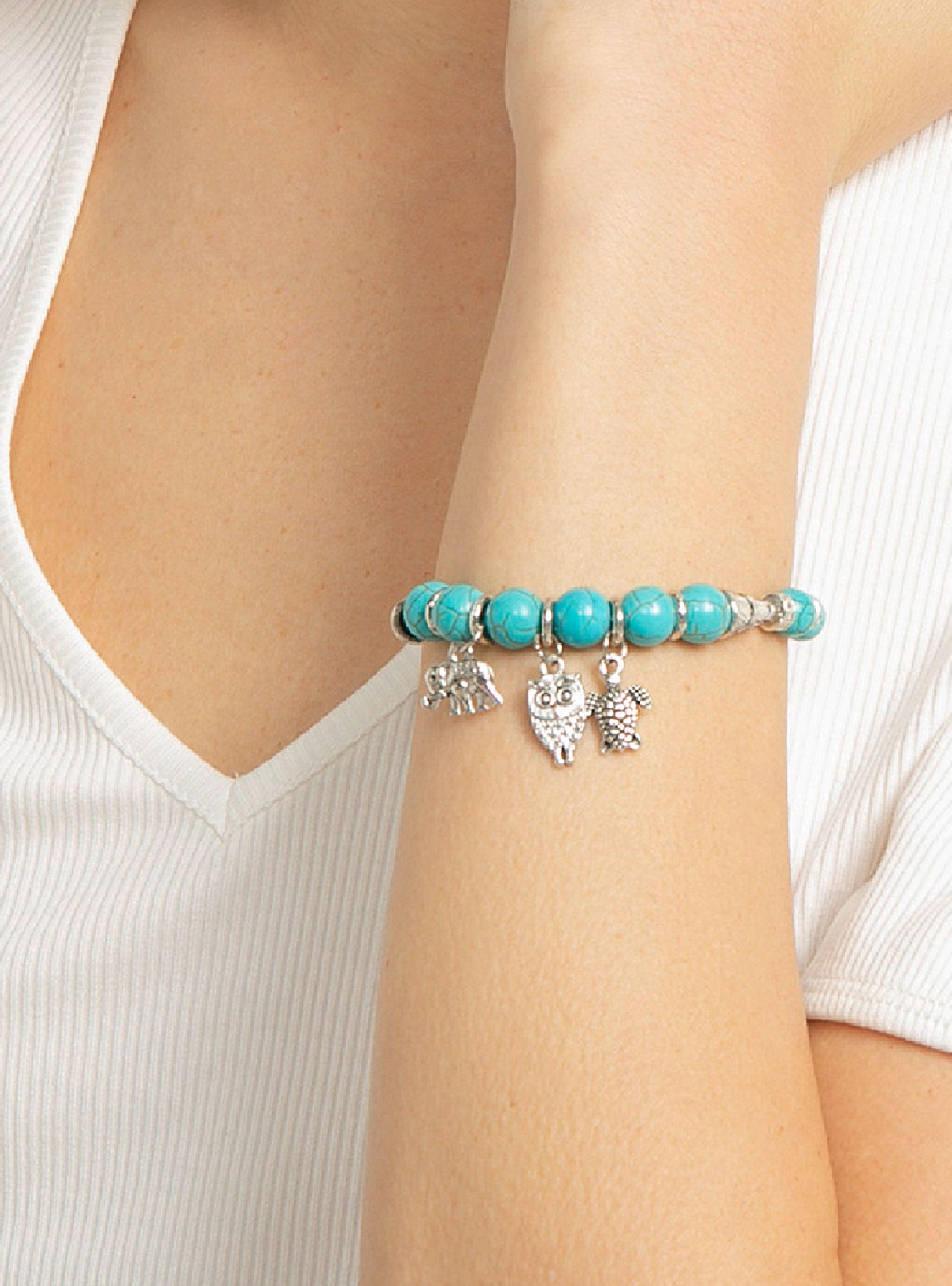 Pulseras Mujer Piedra Tipo Howlita Turquesa con Dijes Animales-3