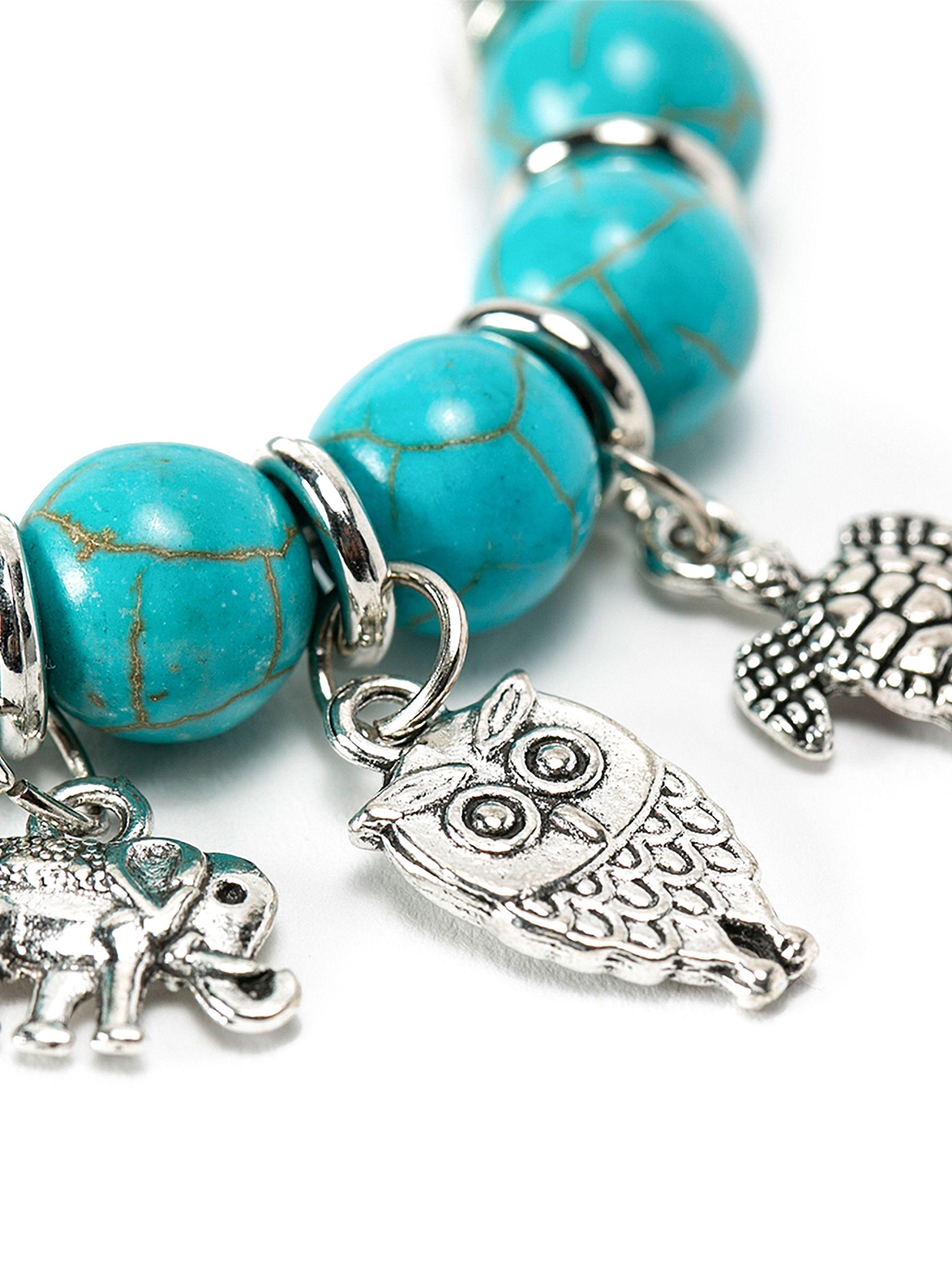 Pulseras Mujer Piedra Tipo Howlita Turquesa con Dijes Animales-2