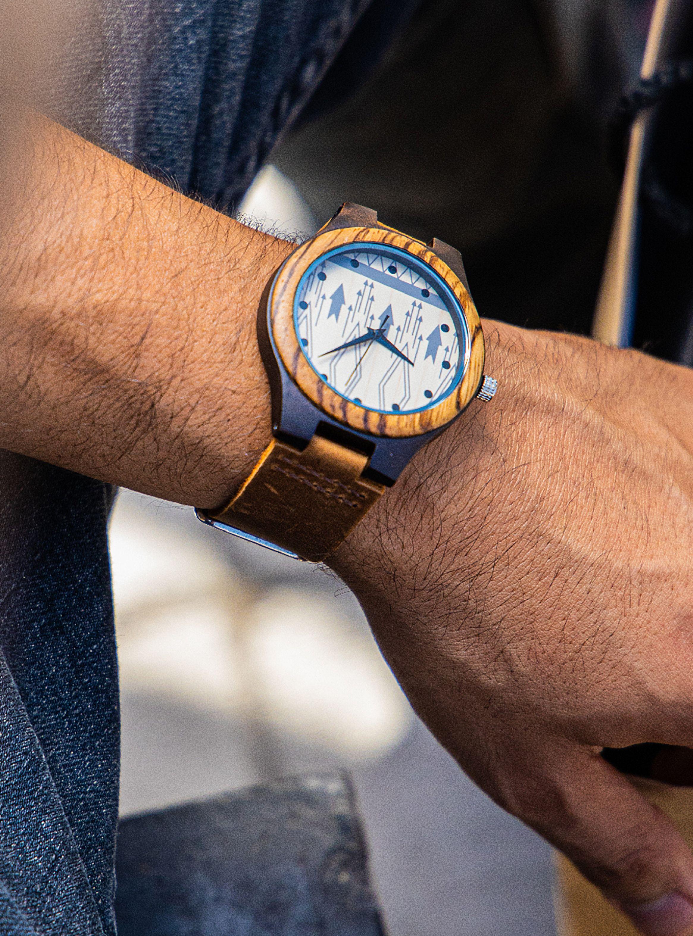 Reloj Madera Correa Cuero Marrón Flechas-4