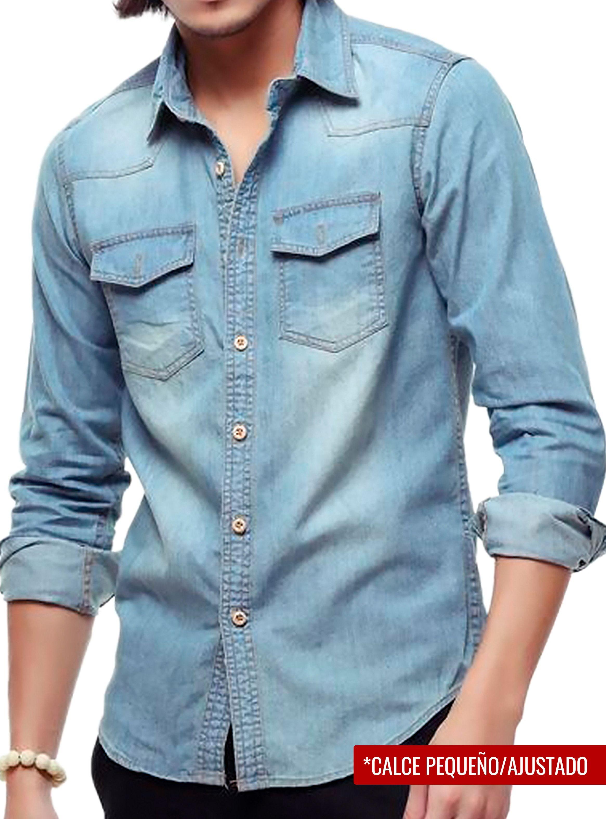 Camisa Mezclilla Jean Manga Larga Azul Claro-0