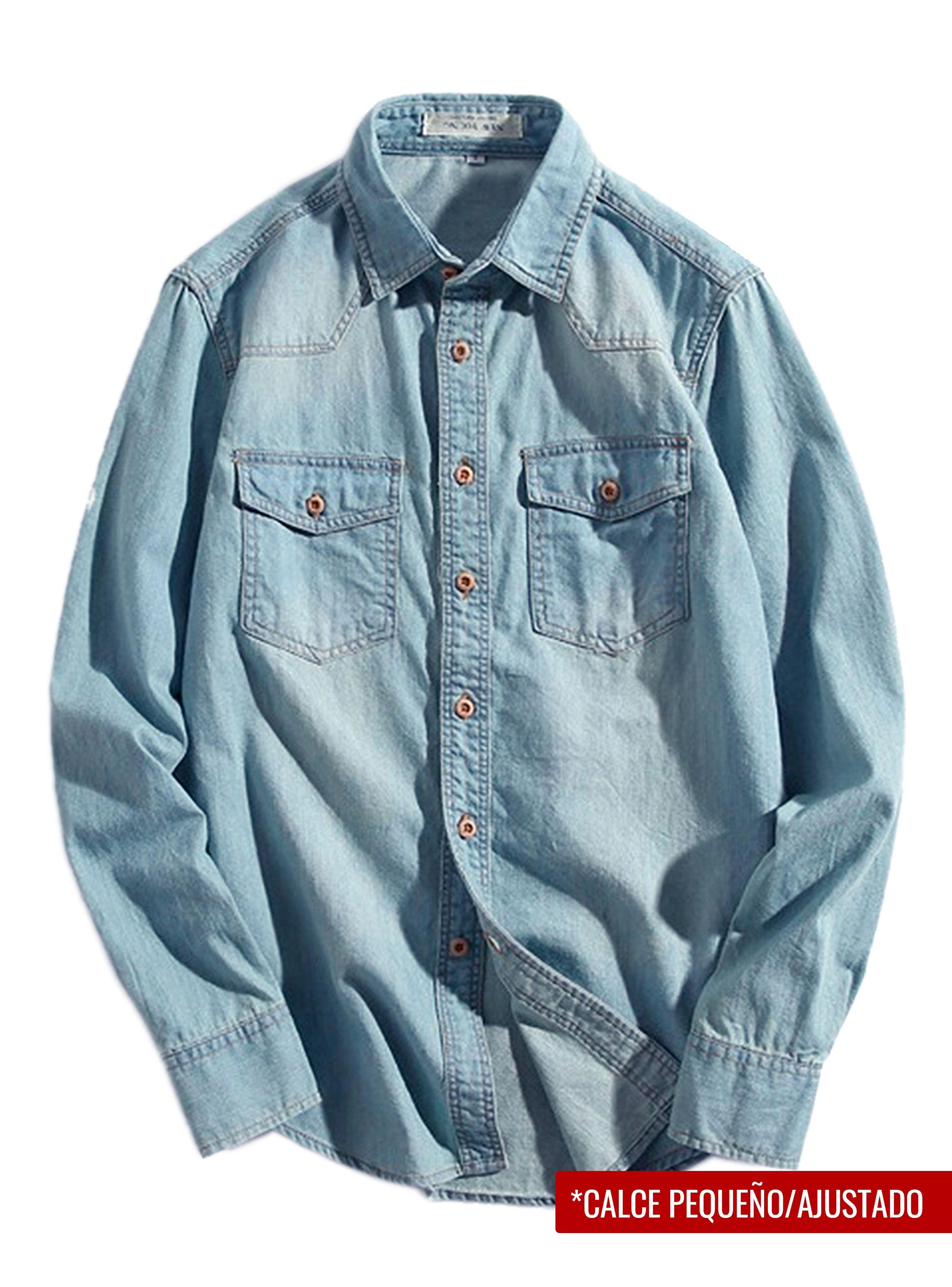 Camisa Mezclilla Jean Manga Larga Azul Claro-2