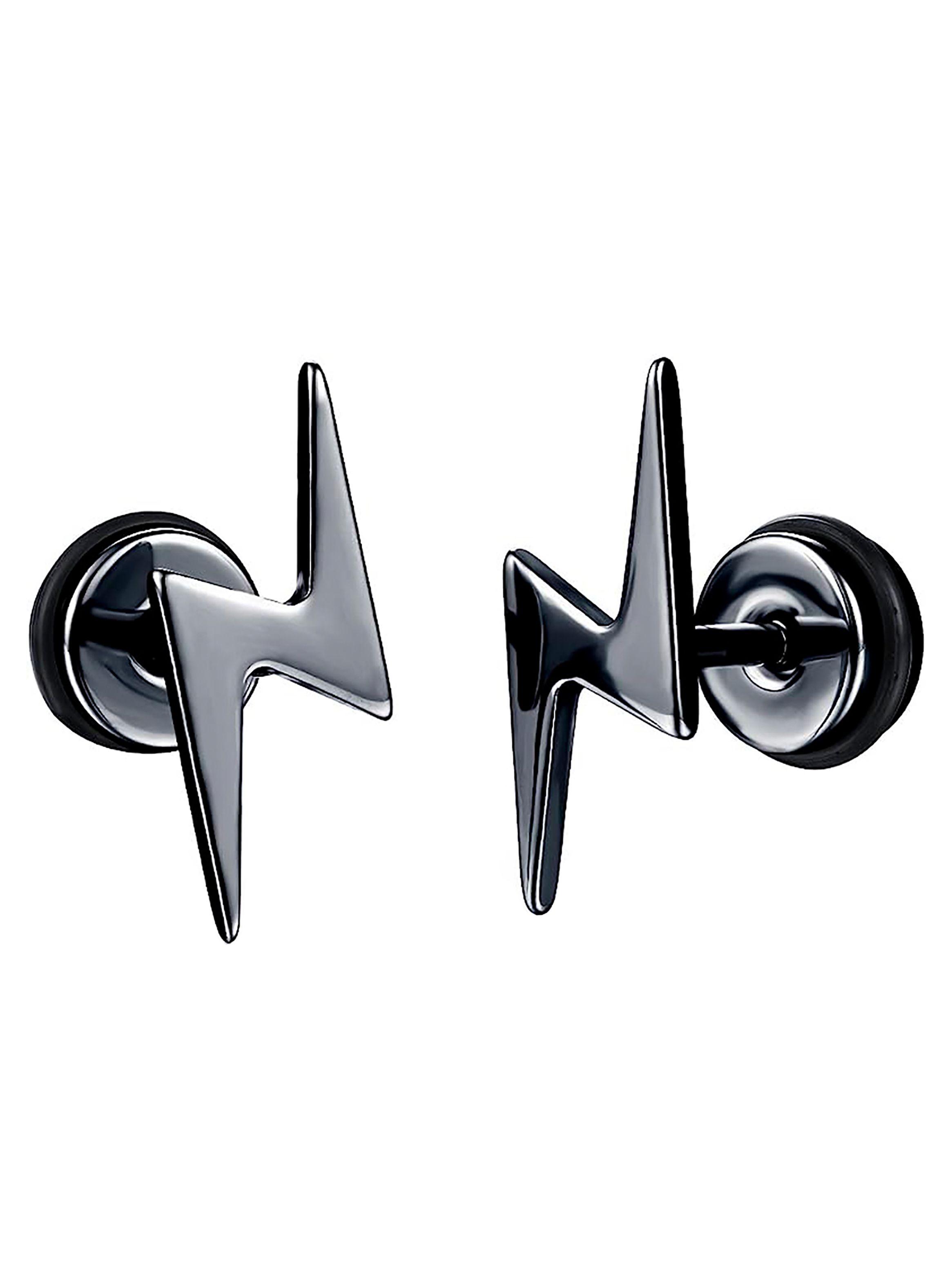 Aros de Acero Unisex Aretes Oreja Diseño Rayo Negro-1