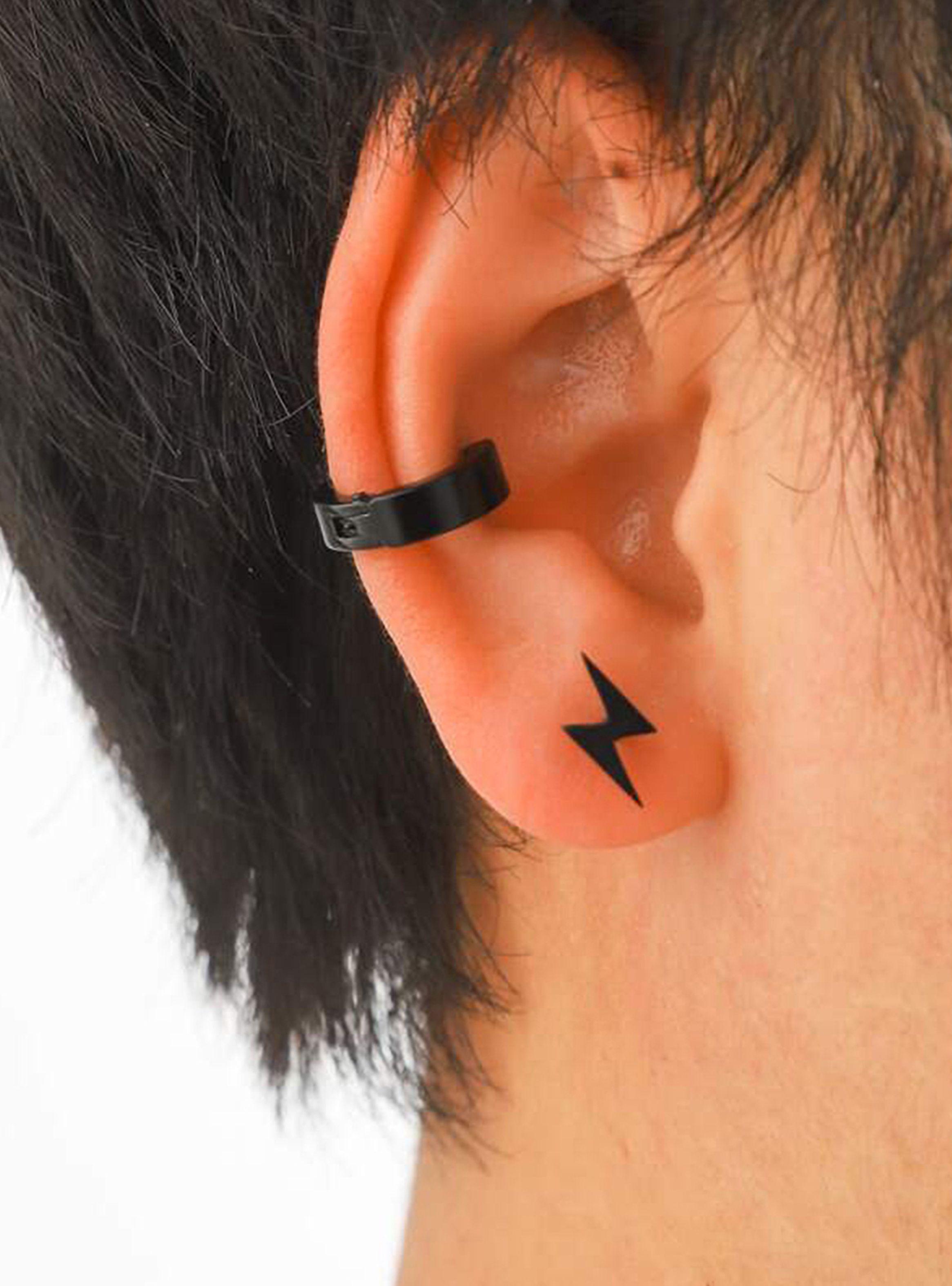 Aros de Acero Unisex Aretes Oreja Diseño Rayo Negro-4