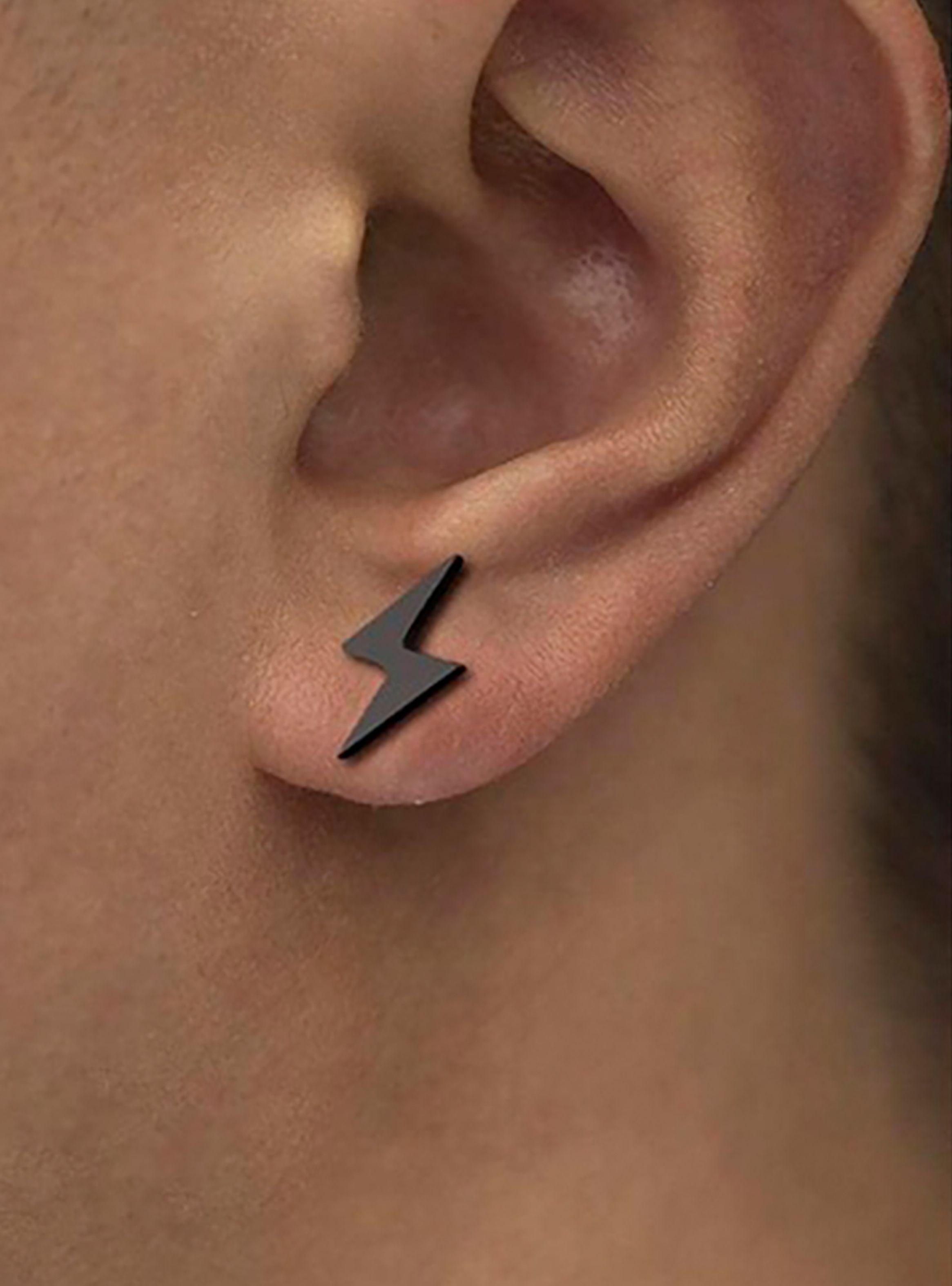 Aros de Acero Unisex Aretes Oreja Diseño Rayo Negro-6