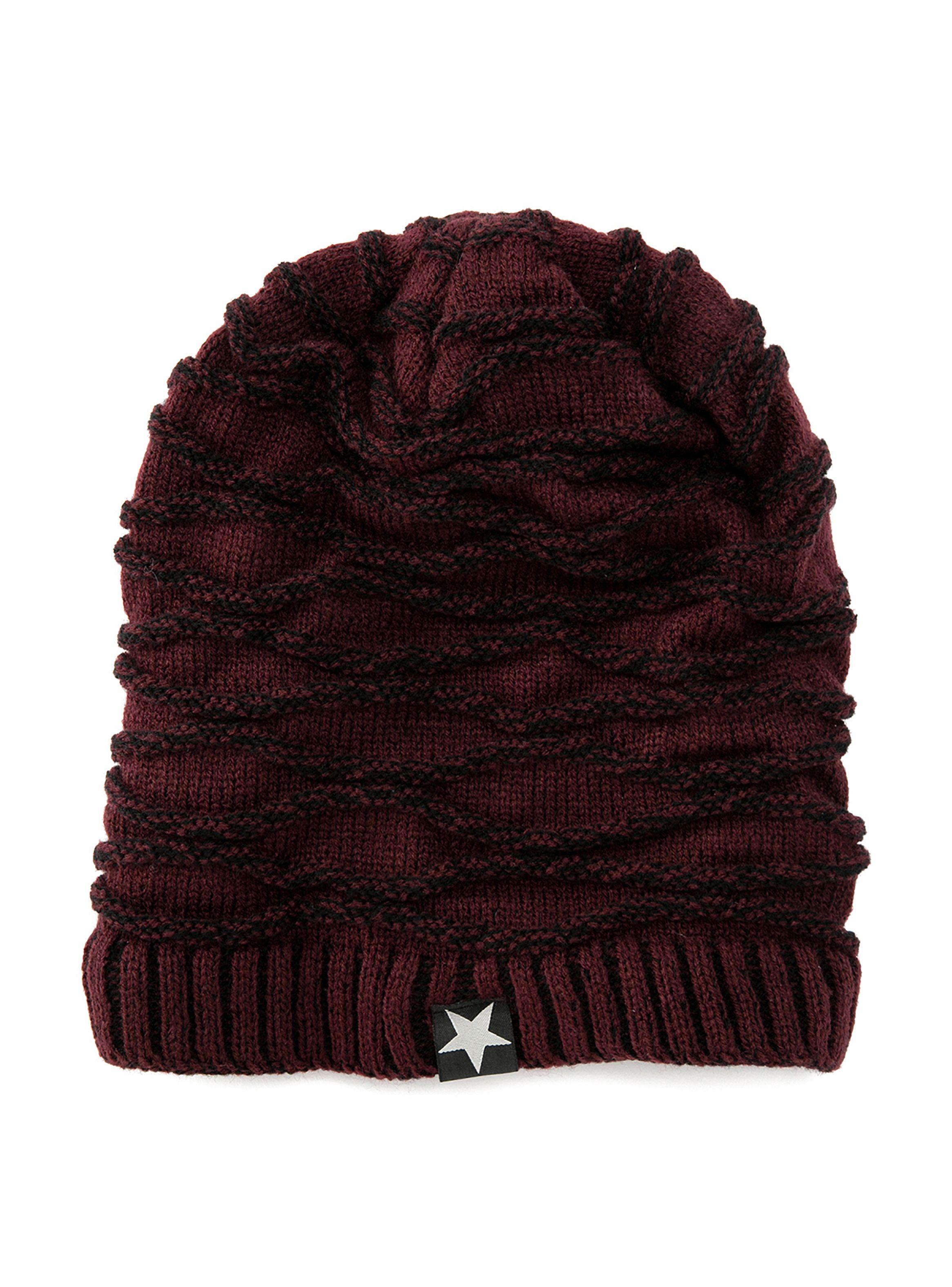 Gorro Tejido Lana Forro Polar Diseño Relieve Burdeo-1