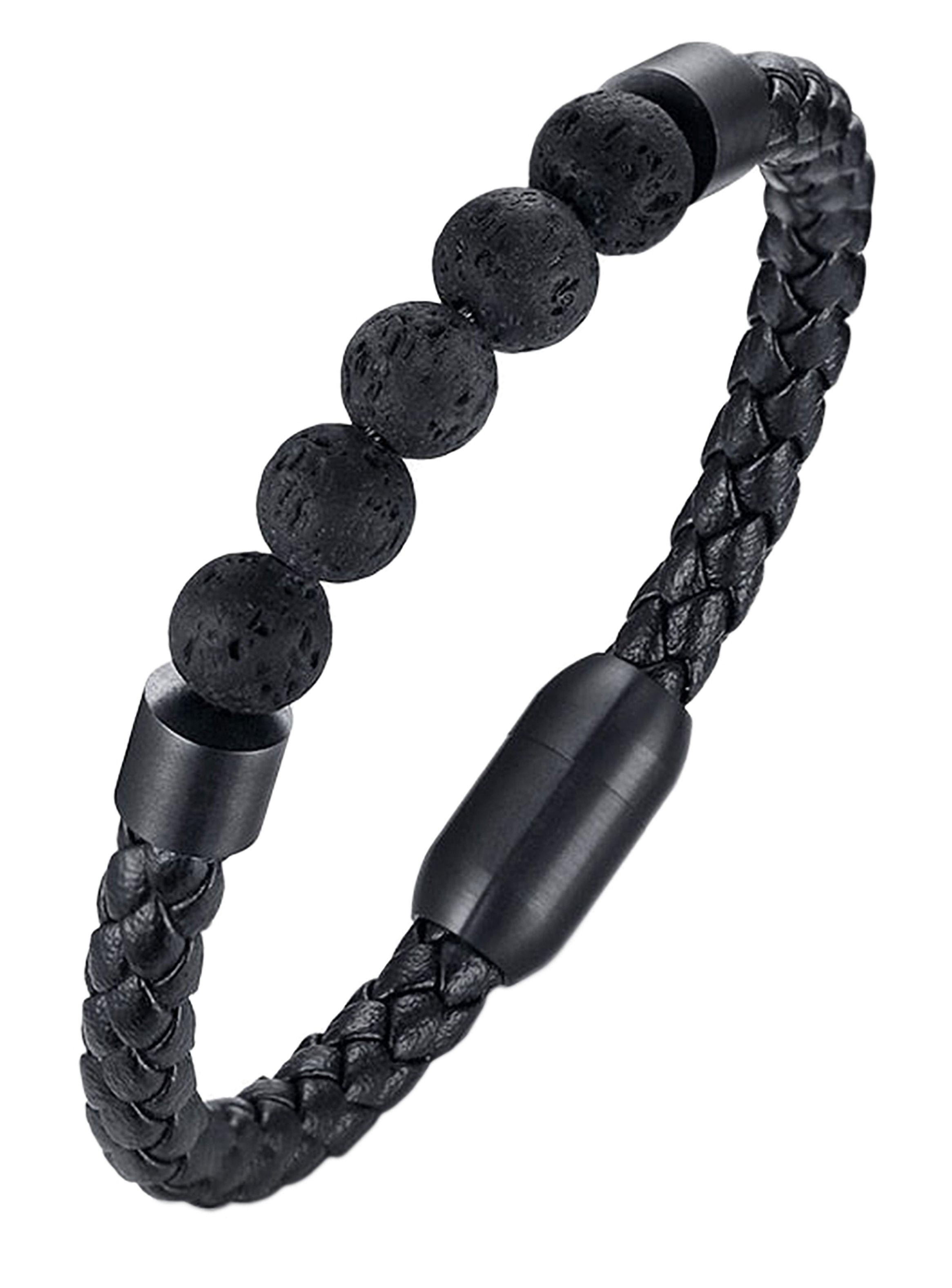 Pulsera de Cuero y Piedra Volcánica Broche Magnético Pequeña-0