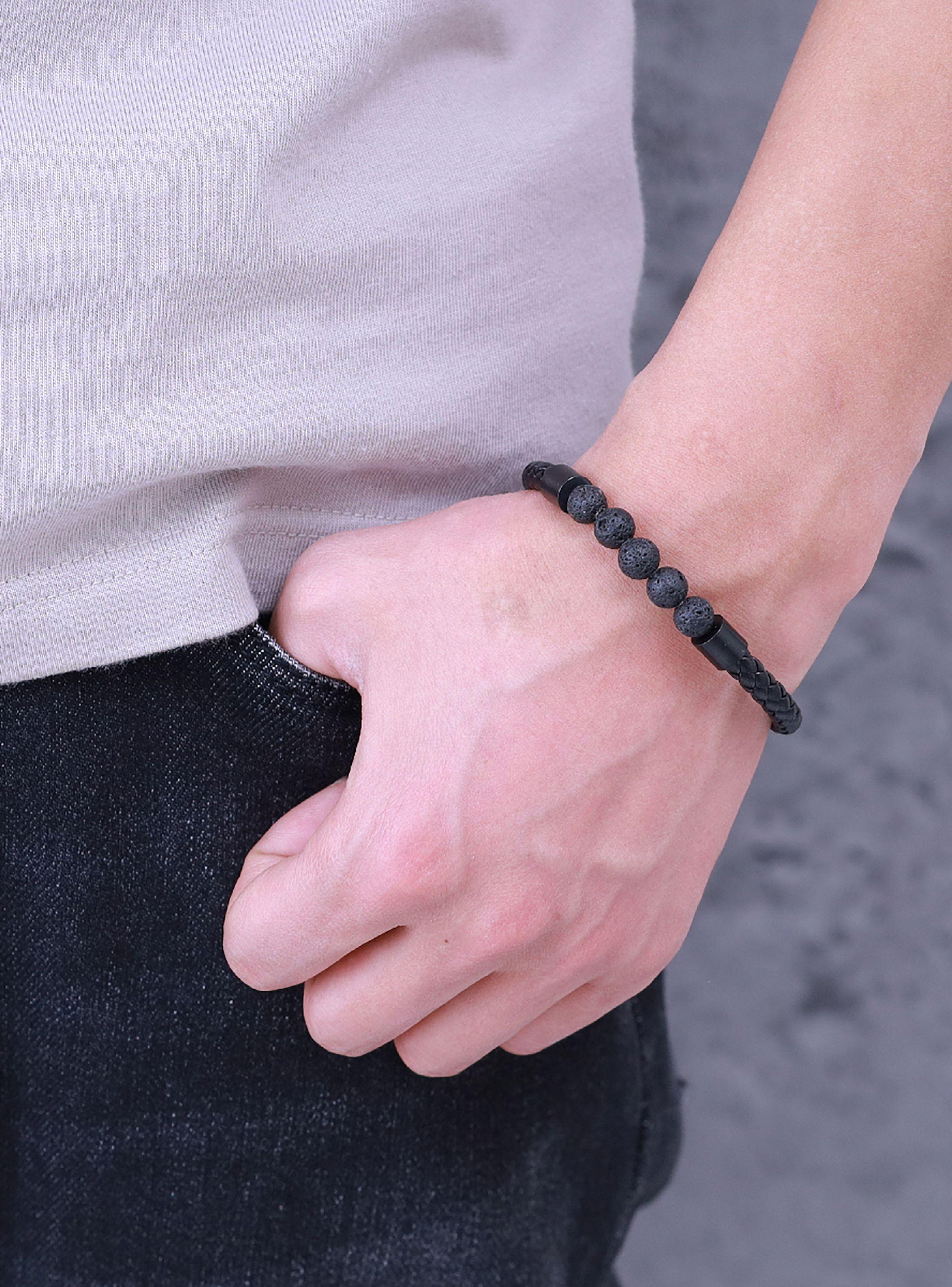 Pulsera de Cuero y Piedra Volcánica Broche Magnético Pequeña-1