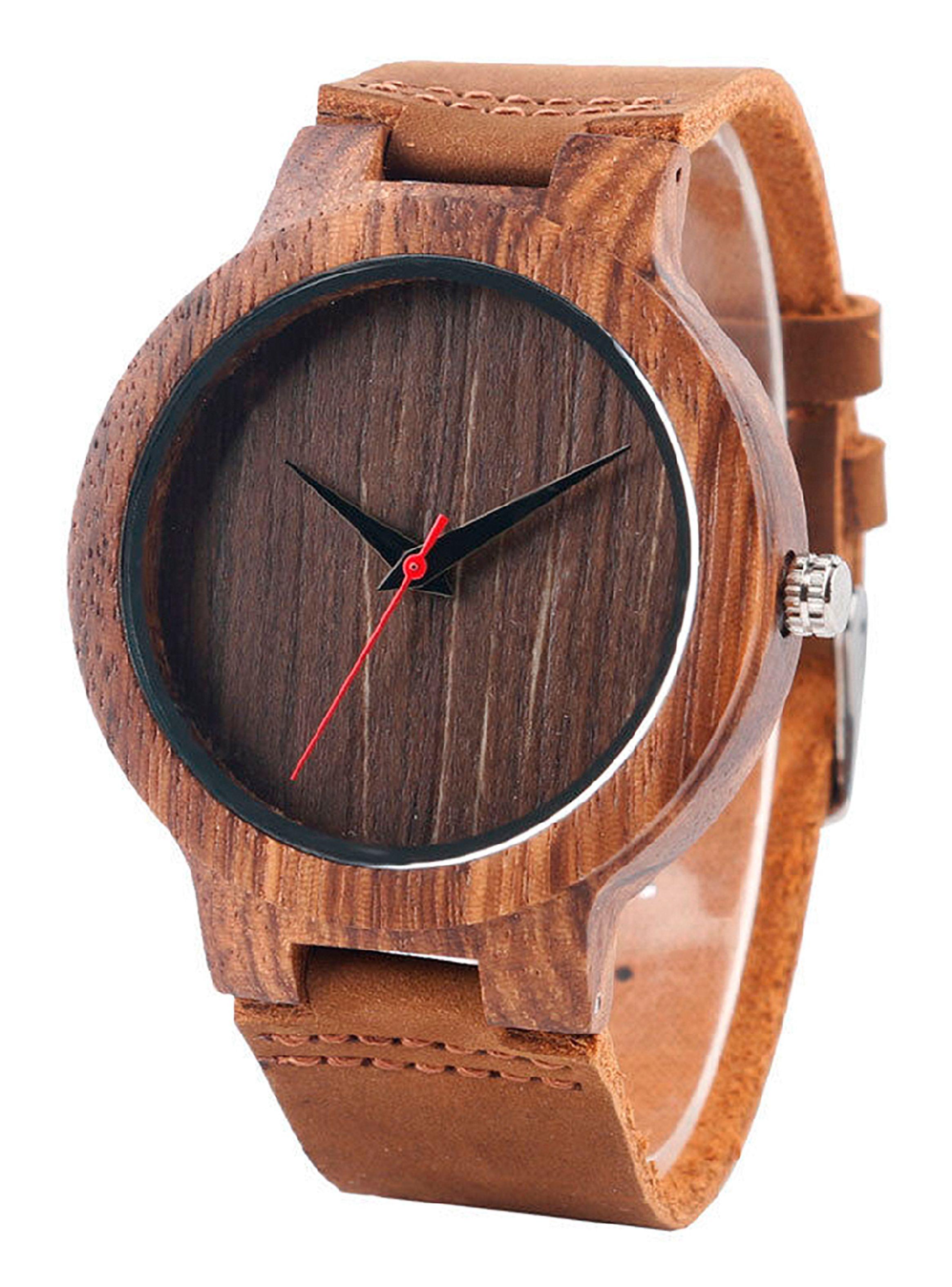 Reloj Analogico Cuero Madera Café Dial Minimalista-1