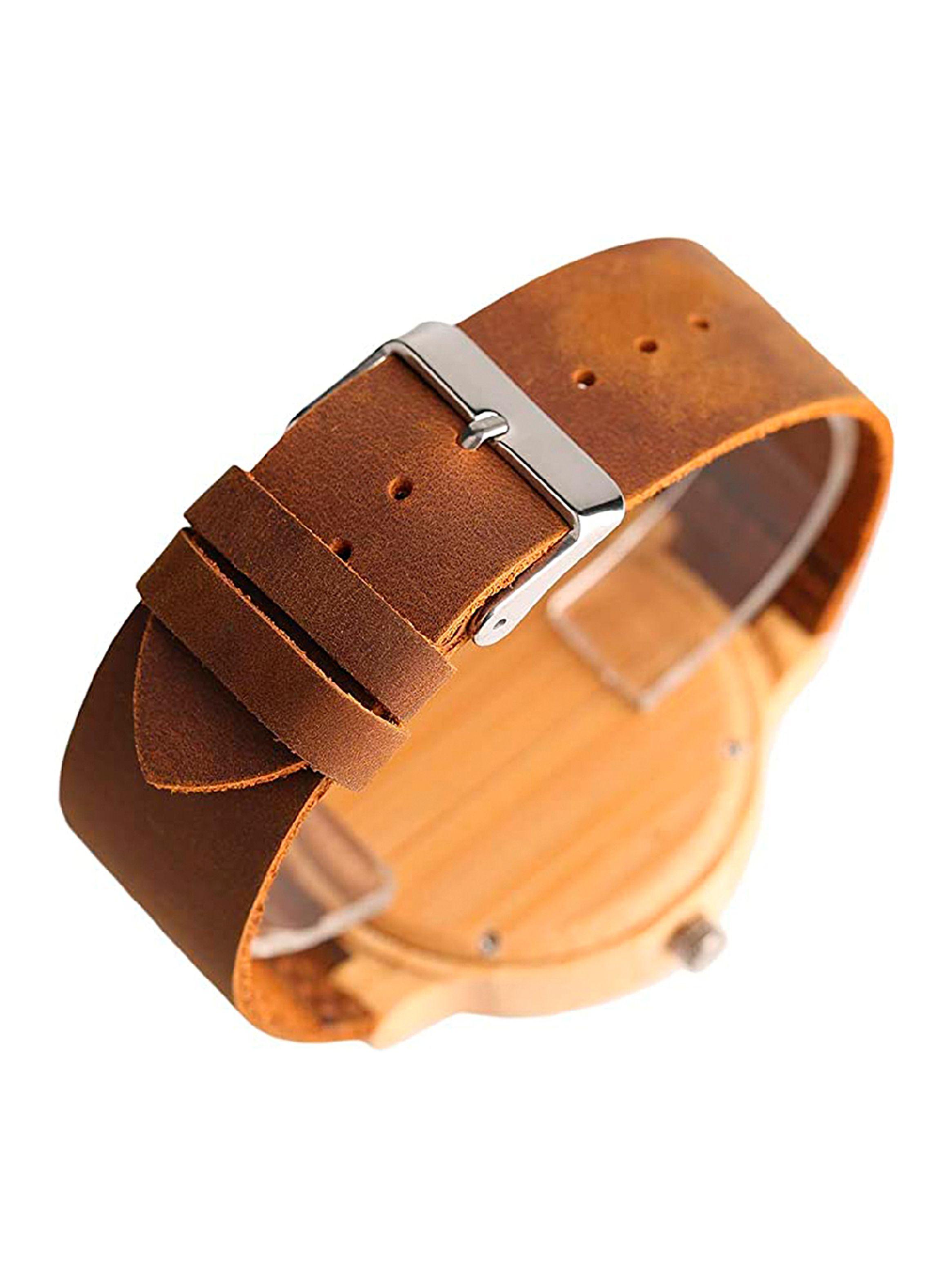 Reloj Analogico Cuero Madera Café Dial Minimalista-2