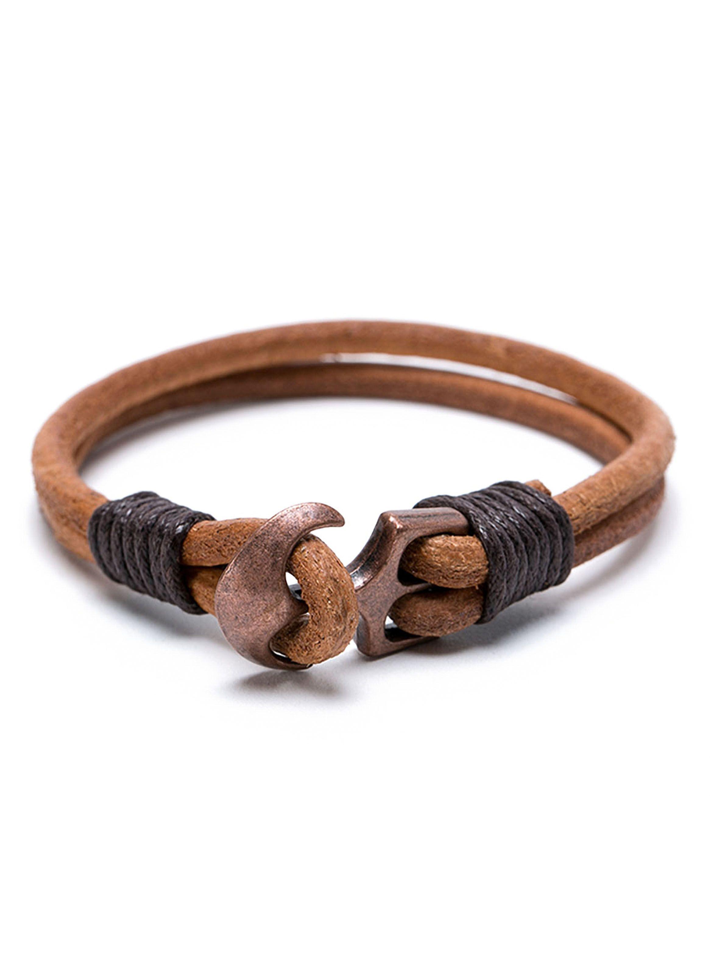 Pulsera De Ancla De Cuero Café Hilos Negro-0