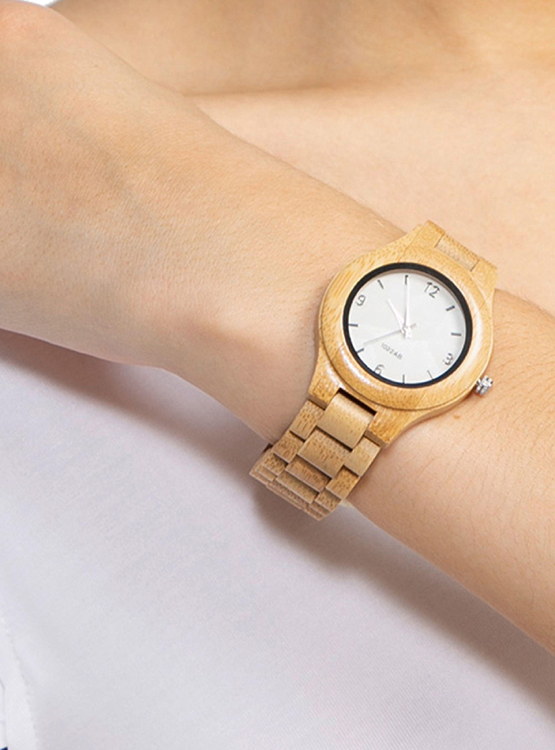 Reloj Analogo Eslabones Madera Dial Blanco Unisex-3