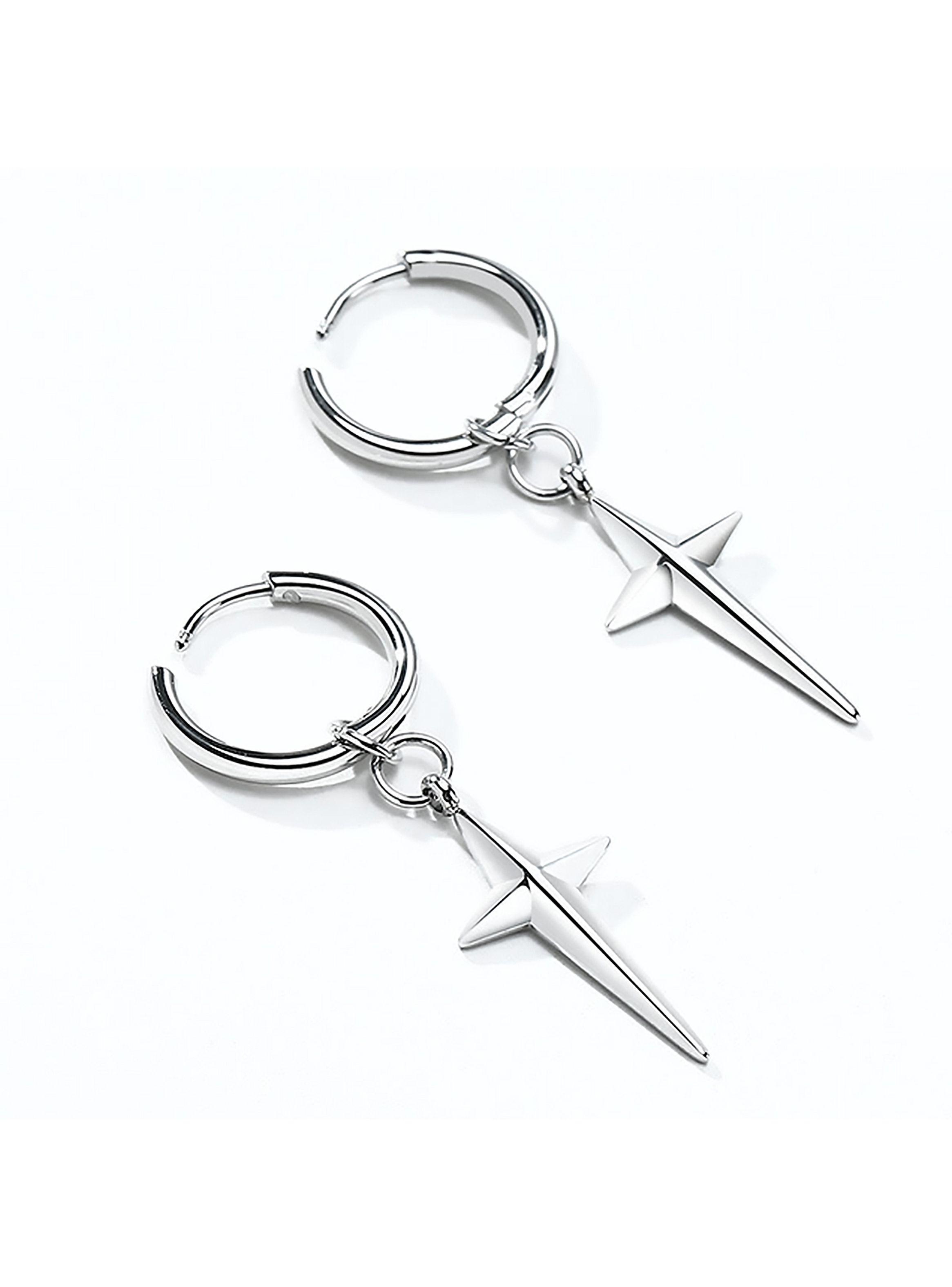 Aros Acero Argollas con Estrella Colgante Plateada Par-3