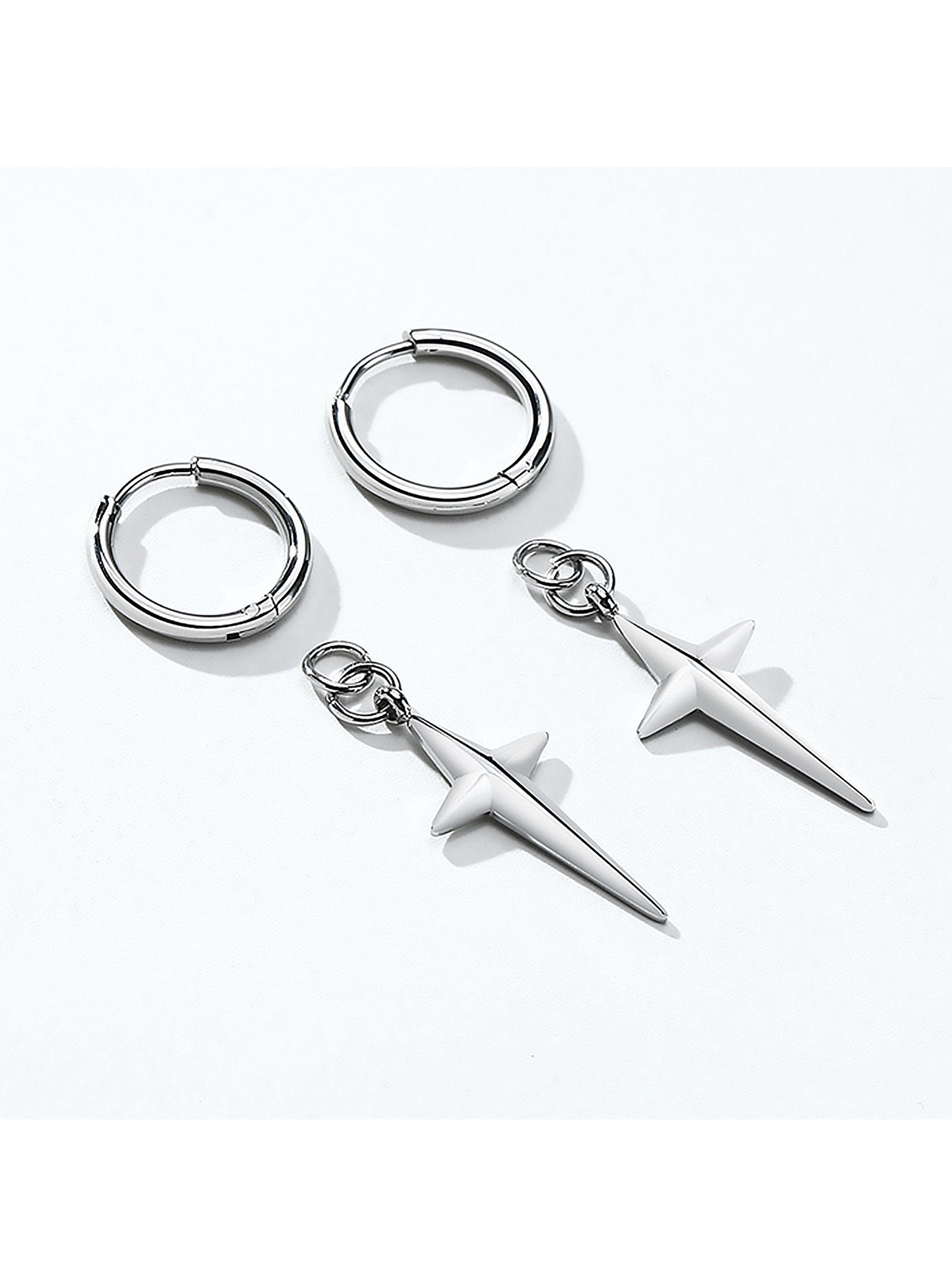 Aros Acero Argollas con Estrella Colgante Plateada Par-4