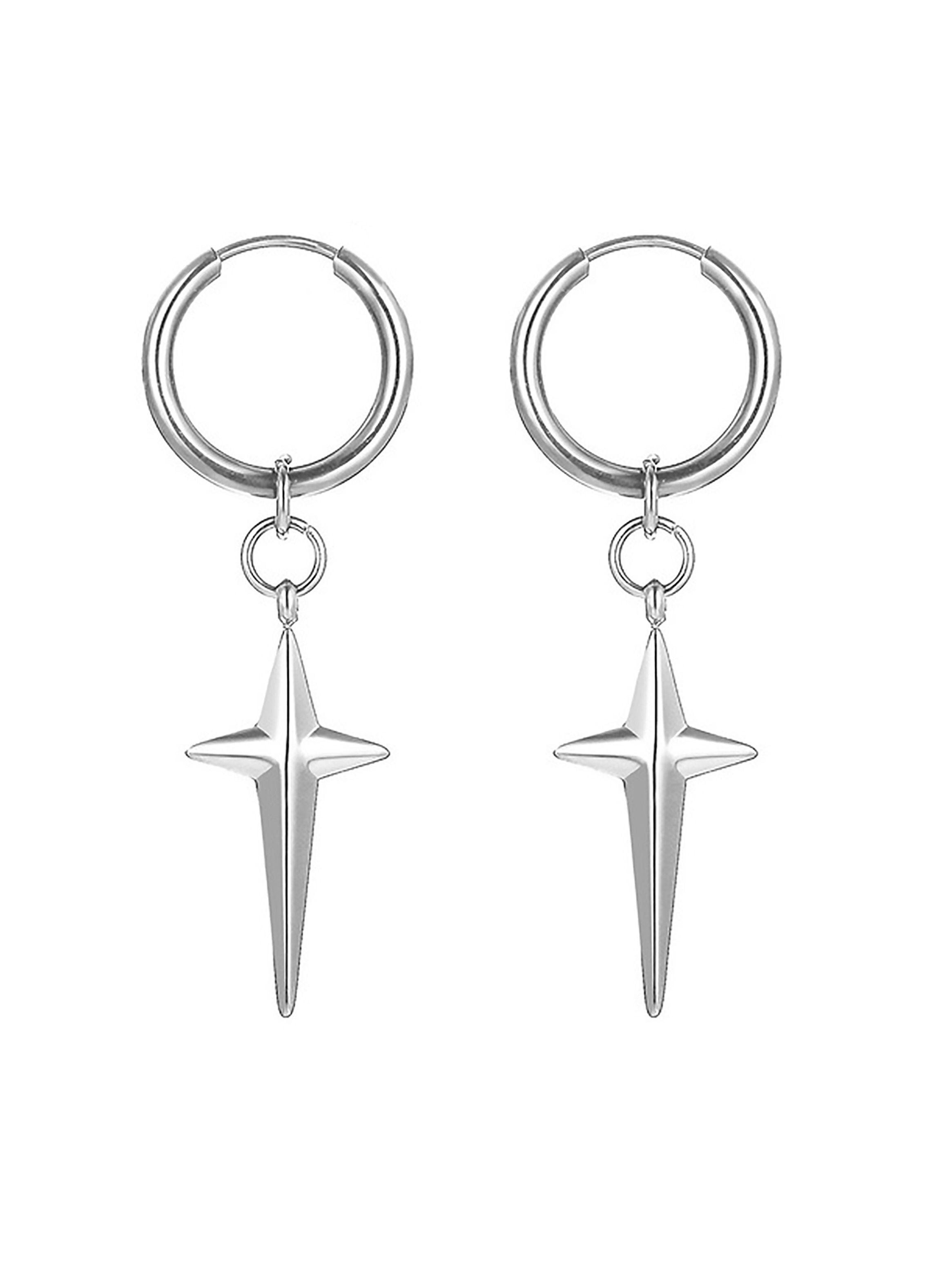Aros Acero Argollas con Estrella Colgante Plateada Par-5