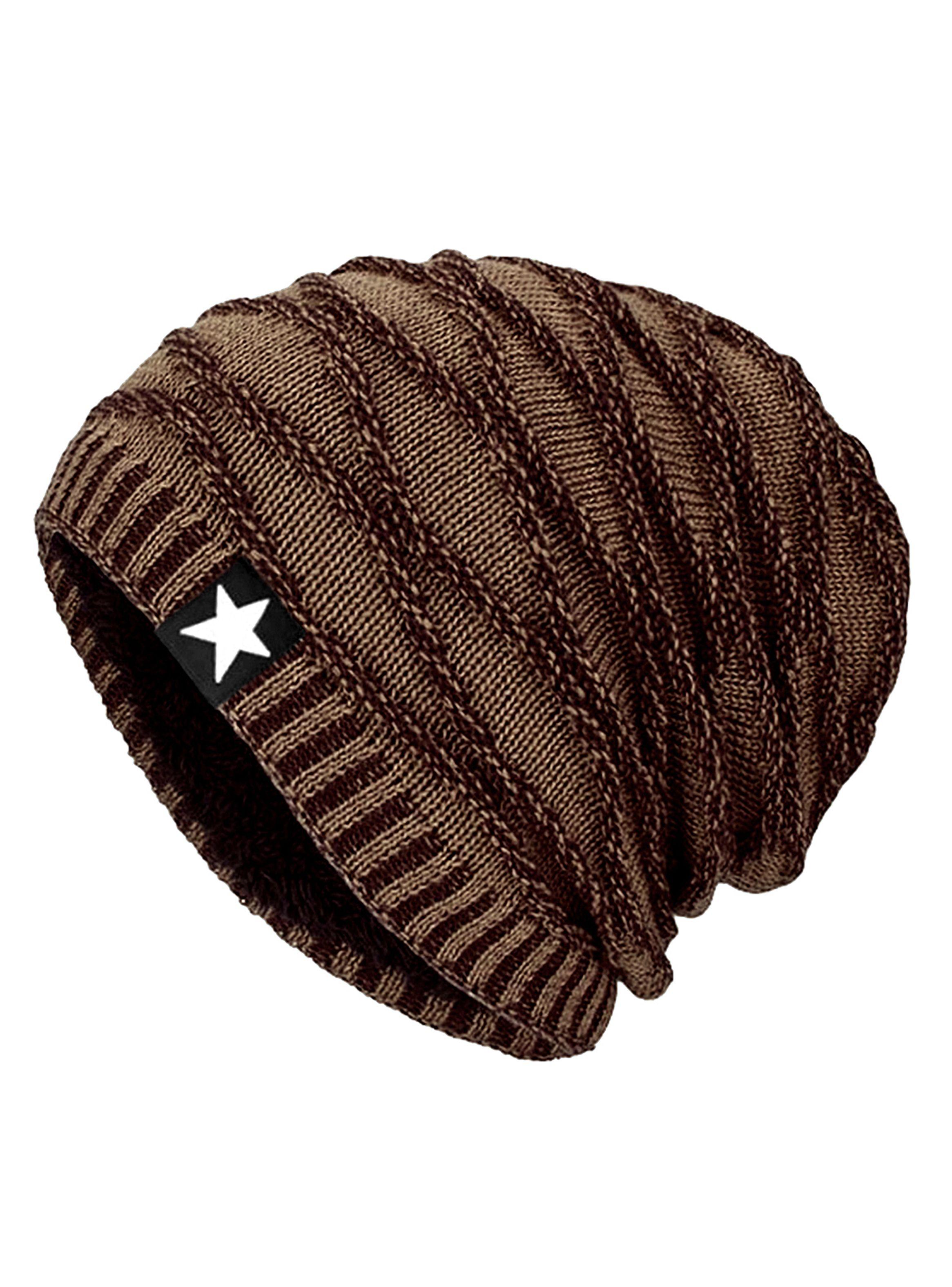 Gorro Tejido Lana Forro Polar Diseño Relieve Café-0