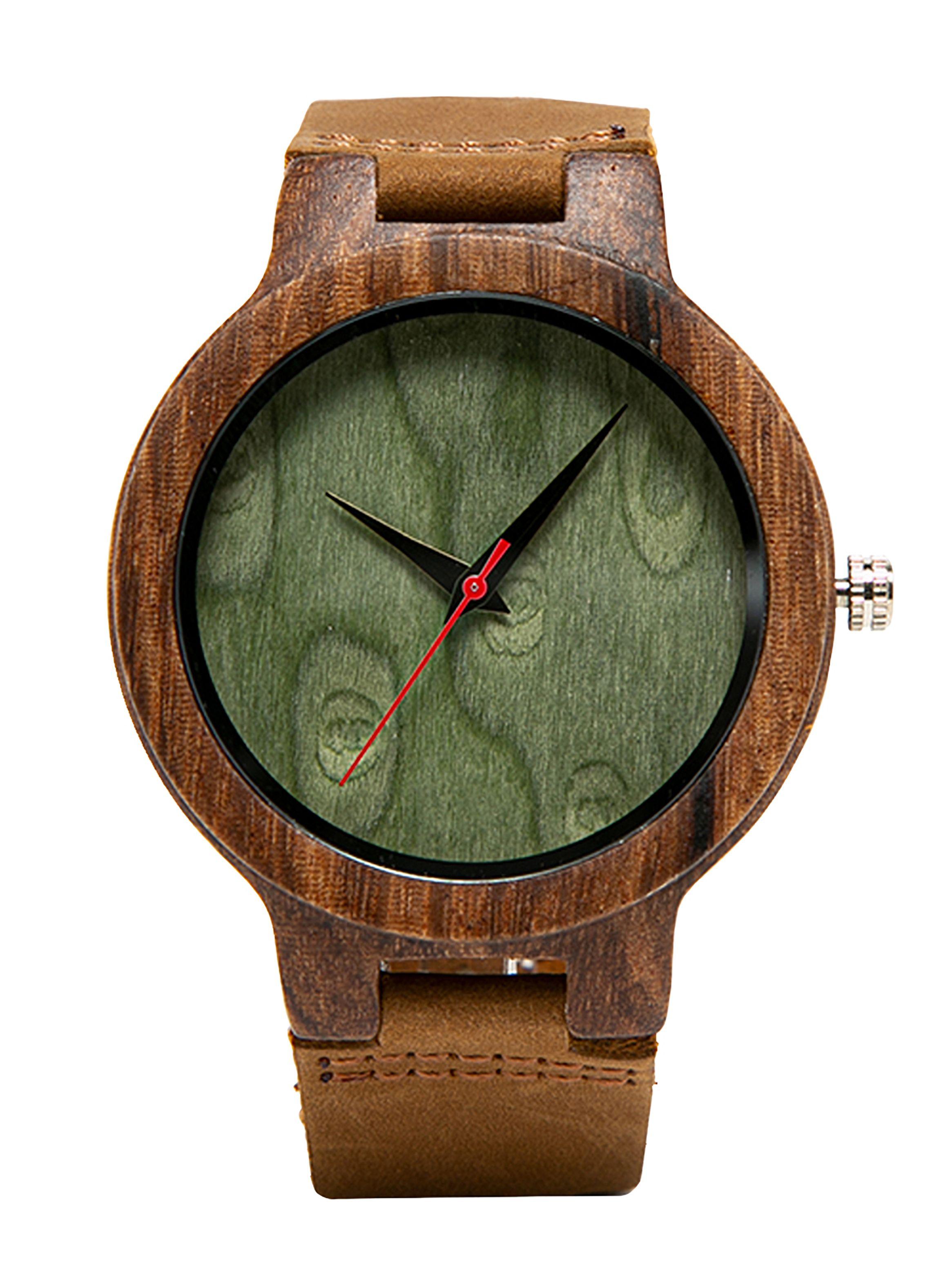 Reloj De Madera Cuero Dial Verde Hombre-0