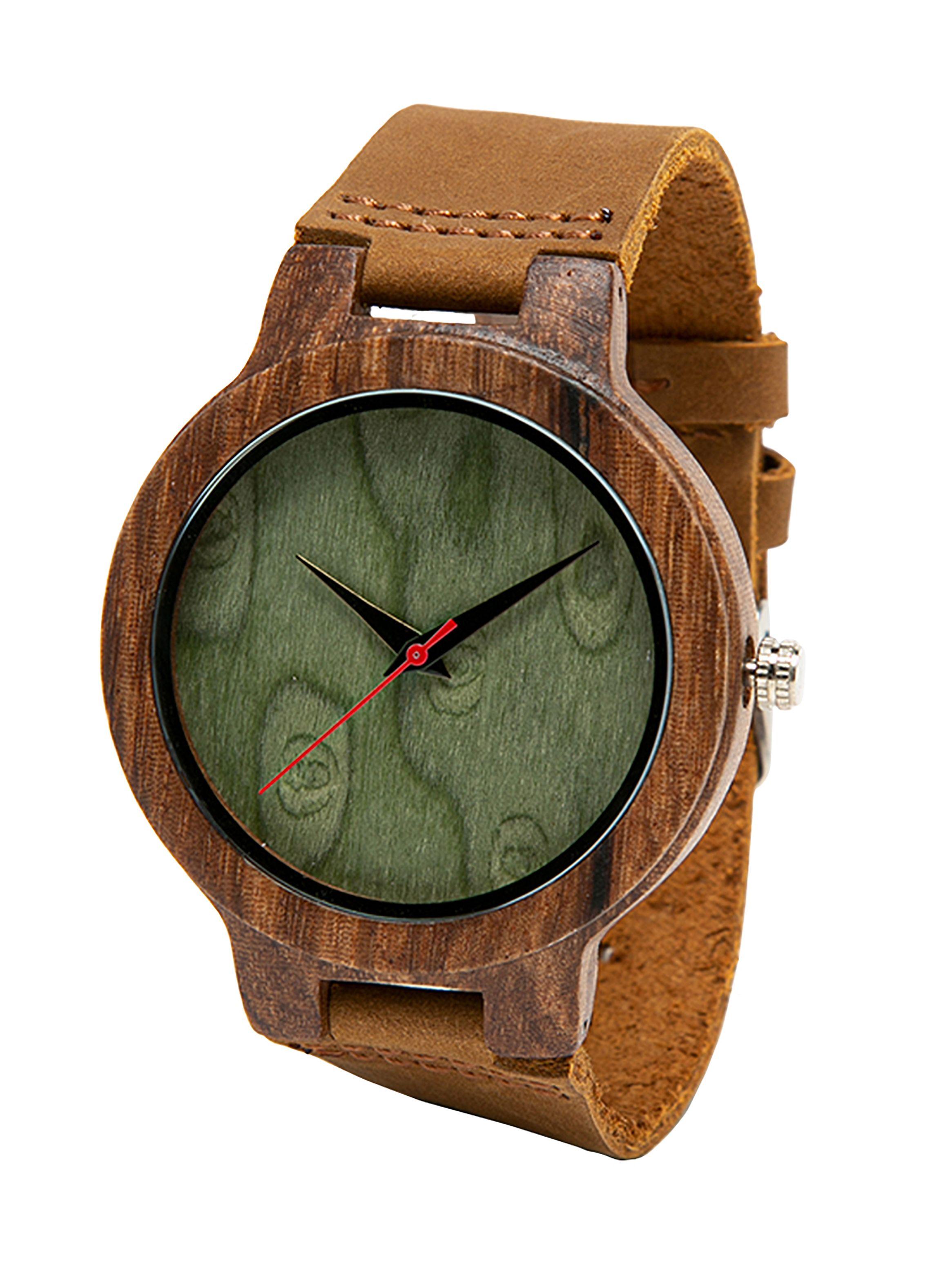 Reloj De Madera Cuero Dial Verde Hombre-1