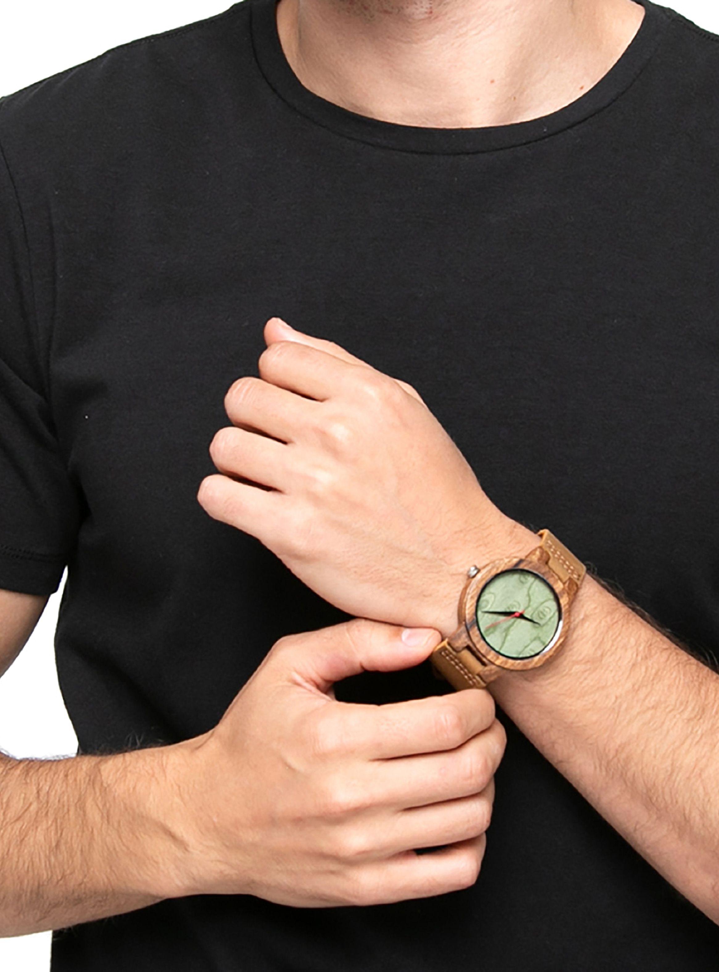 Reloj De Madera Cuero Dial Verde Hombre-3