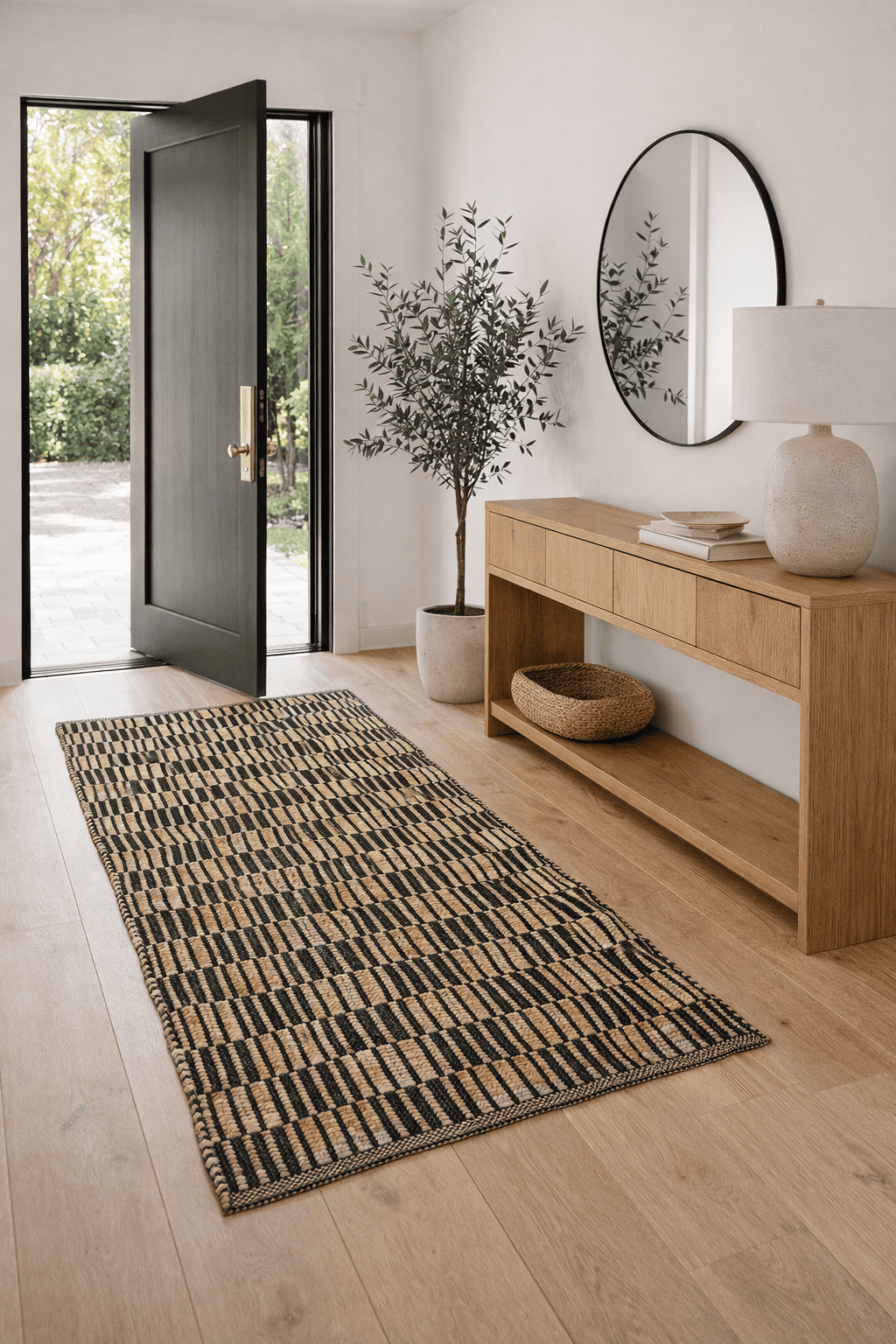 Pasillo Deco Yute durries trenzada con Lineas Negras Moderno Natural0,6x2,4 mts-3