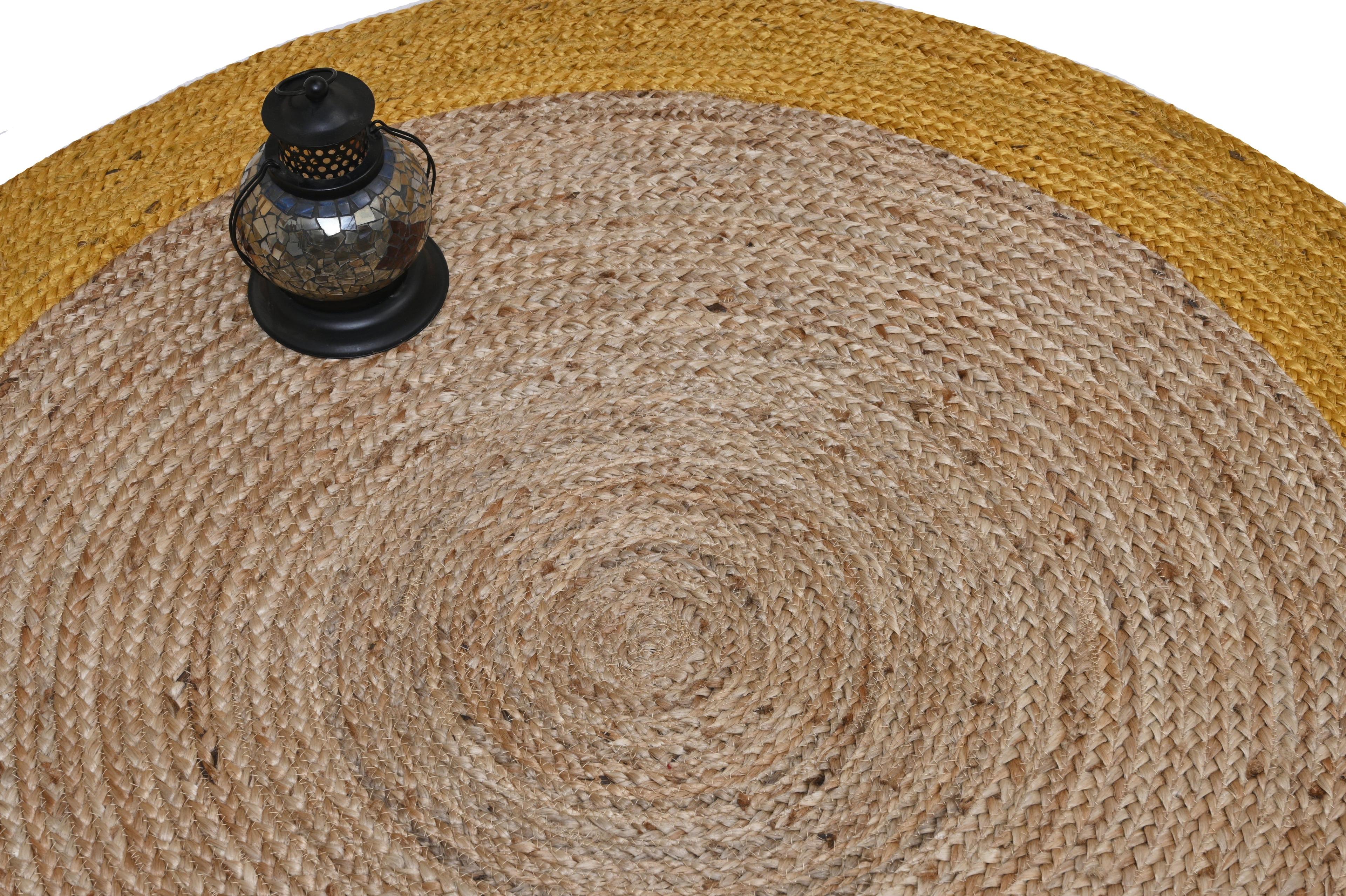 Alfombra Deco Yute Redonda Trenzado natural con Borde Amarillo Moderno 0,9x0,9 mts-2