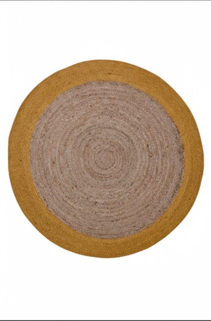 Alfombra Deco Yute Redonda Trenzado natural con Borde Amarillo Moderno 1,5x1,5 mts-2