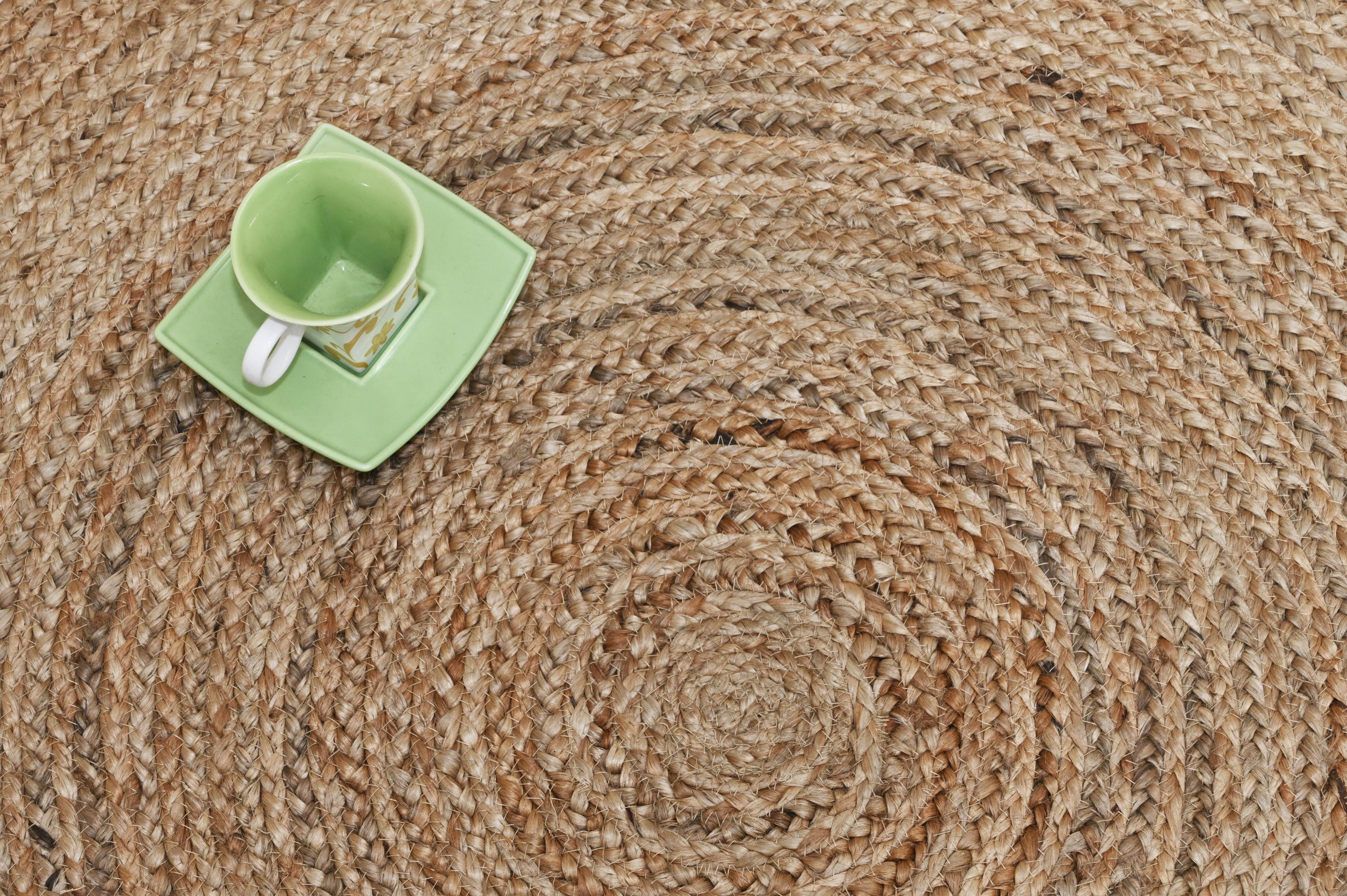 Alfombra Deco Yute Redonda Trenzado natural con Borde Blanco Moderno 1,2x1,2 mts-2