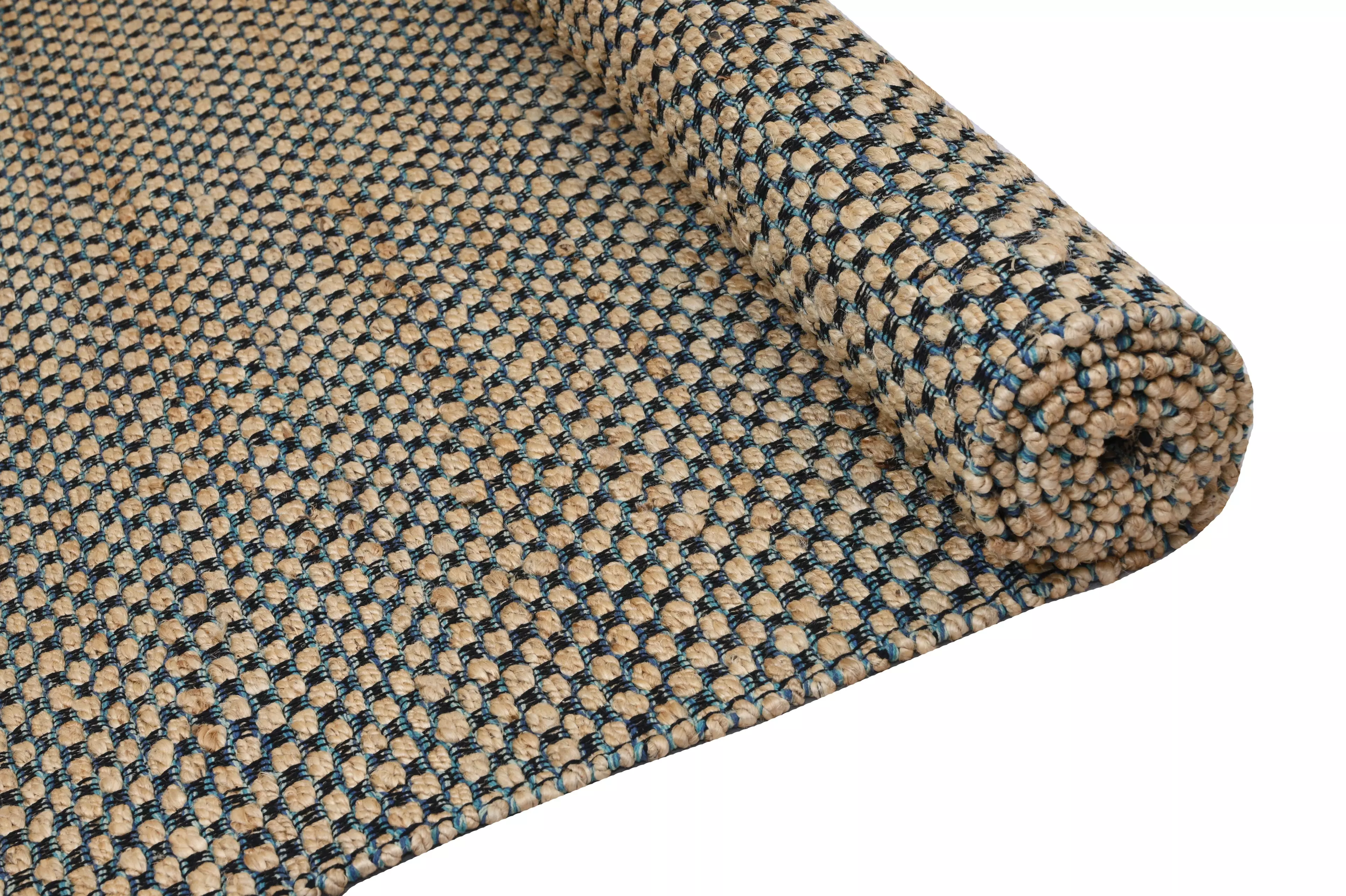 Alfombra Deco Yute Ajedrez Algodón c/ Azul Moderno Natural1,8x2,7 mts-1