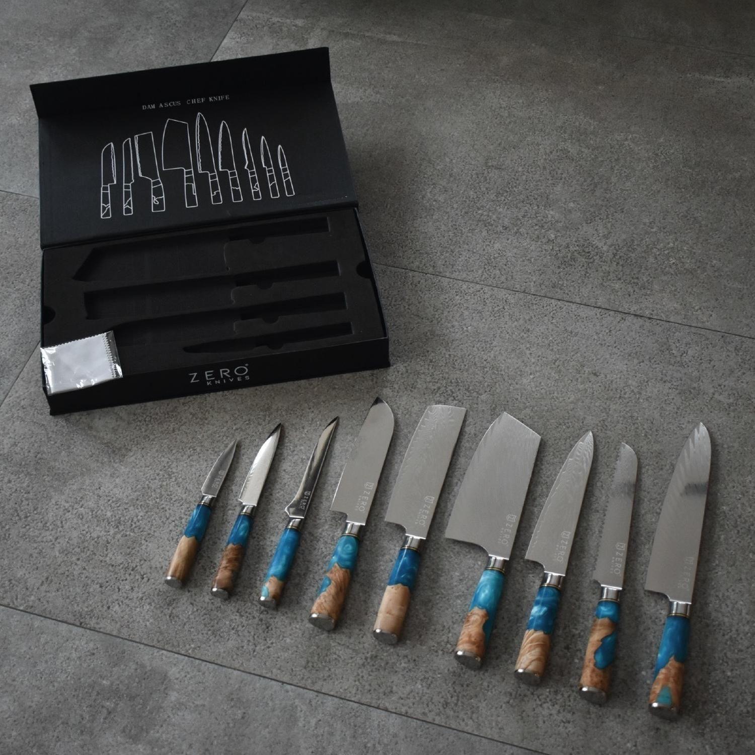 Set 9 Cuchillos - Zero Knives - Damascus Blue Resin-5